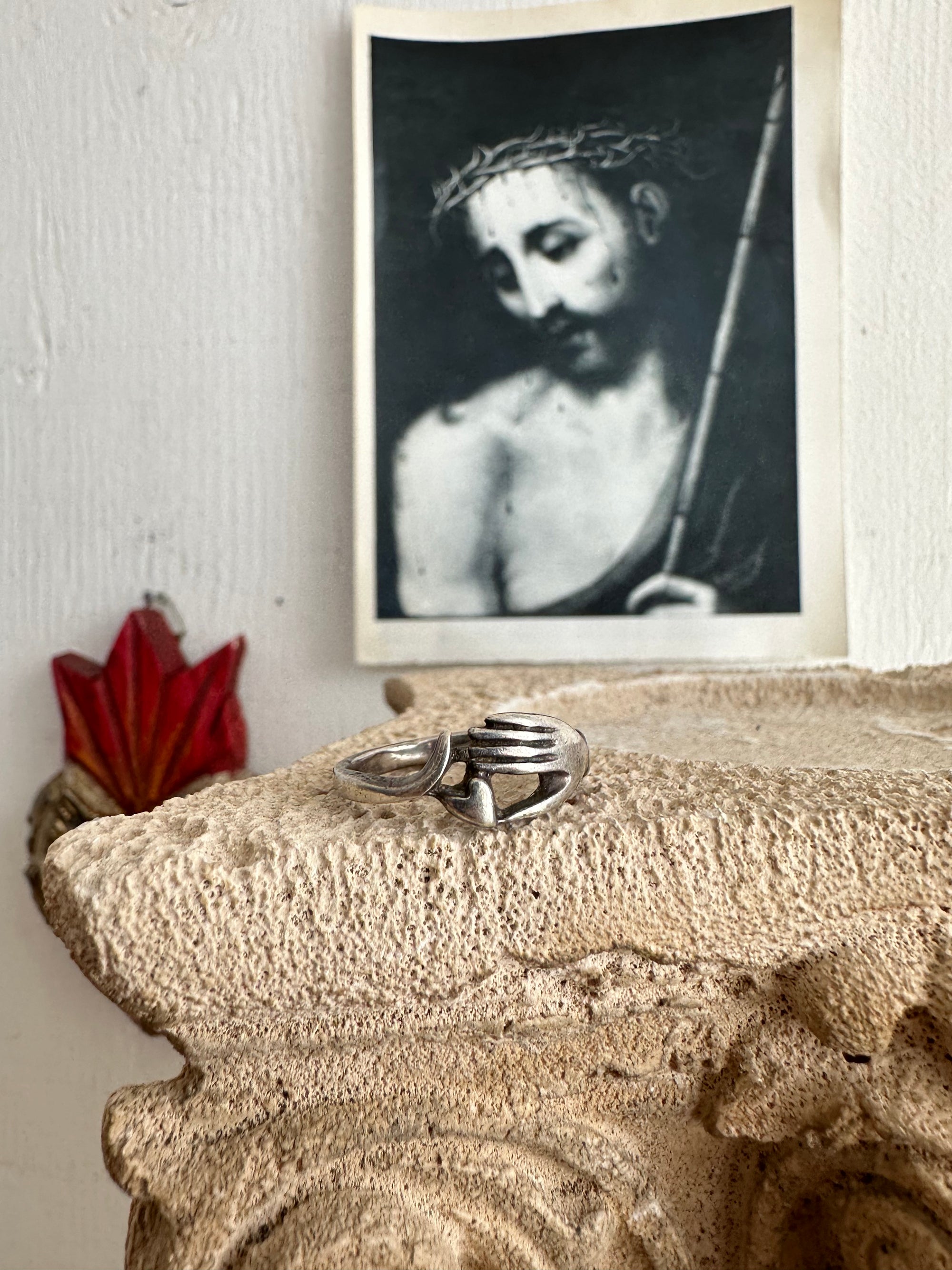 Vintage Sterling Silver Hand & Heart Ring