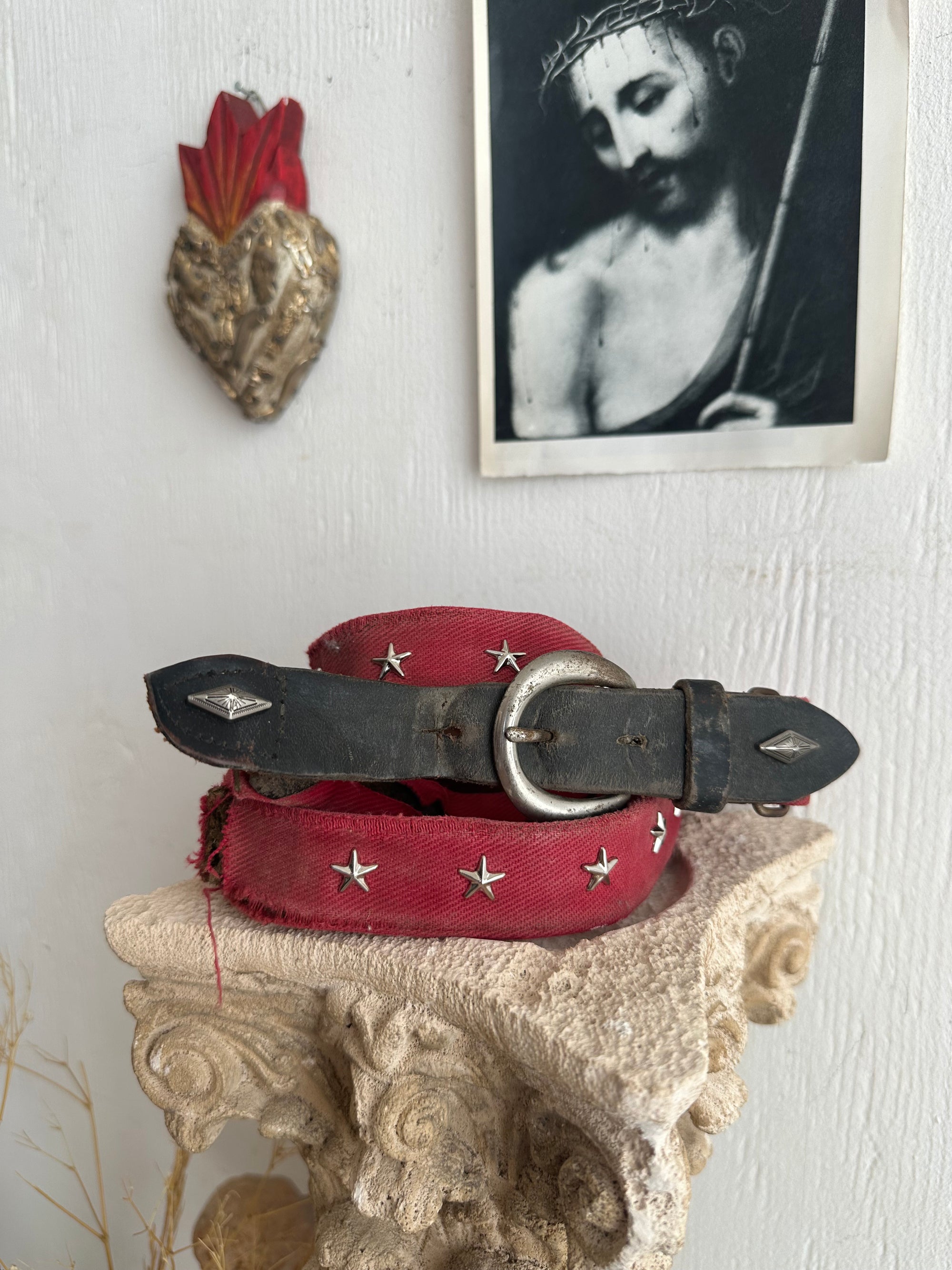 1930s Thrashed Red Cloth Belt W/ Star Studs