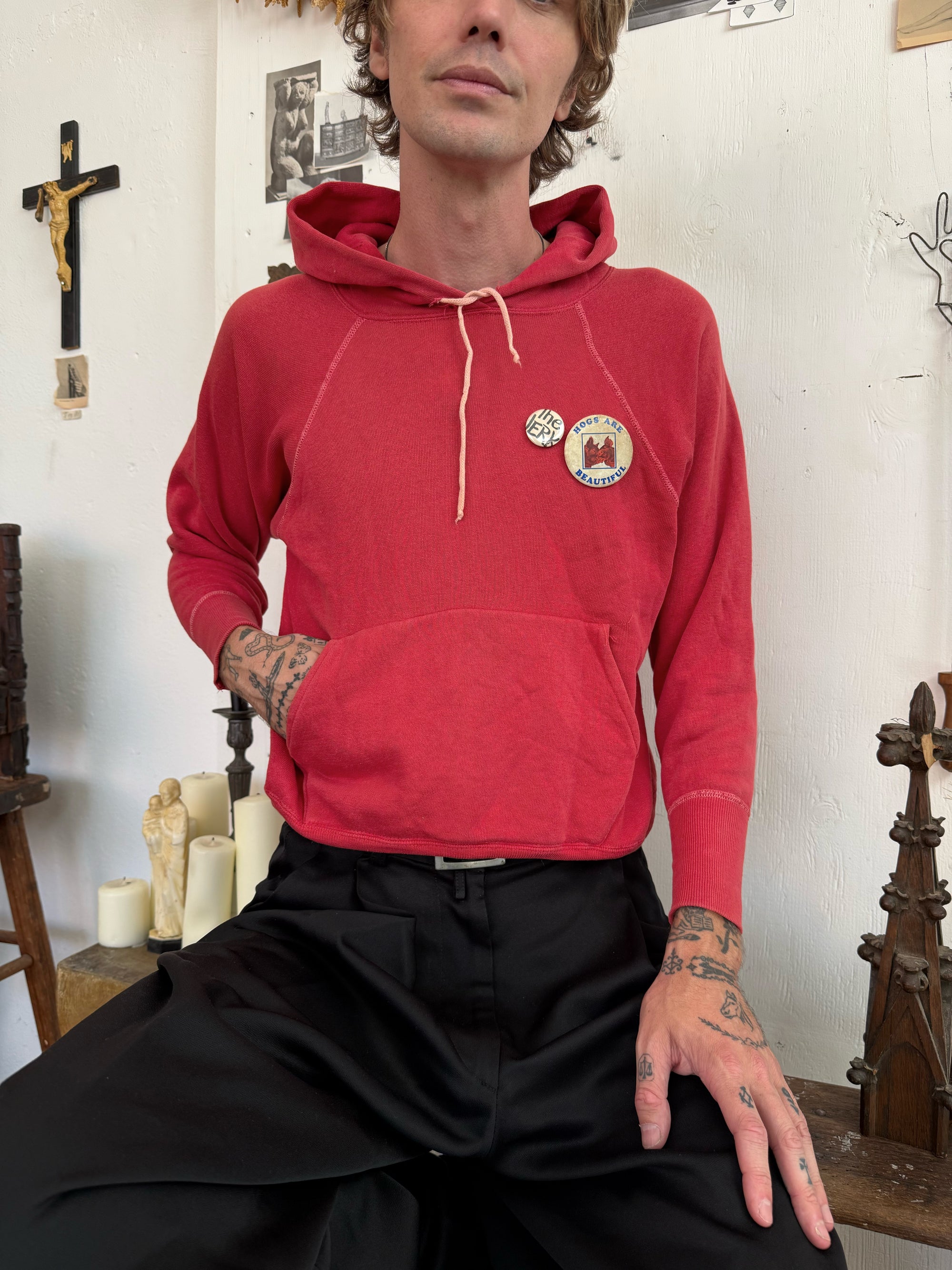 1960s Perfect Faded Red All Cotton Hoodie W/ pins