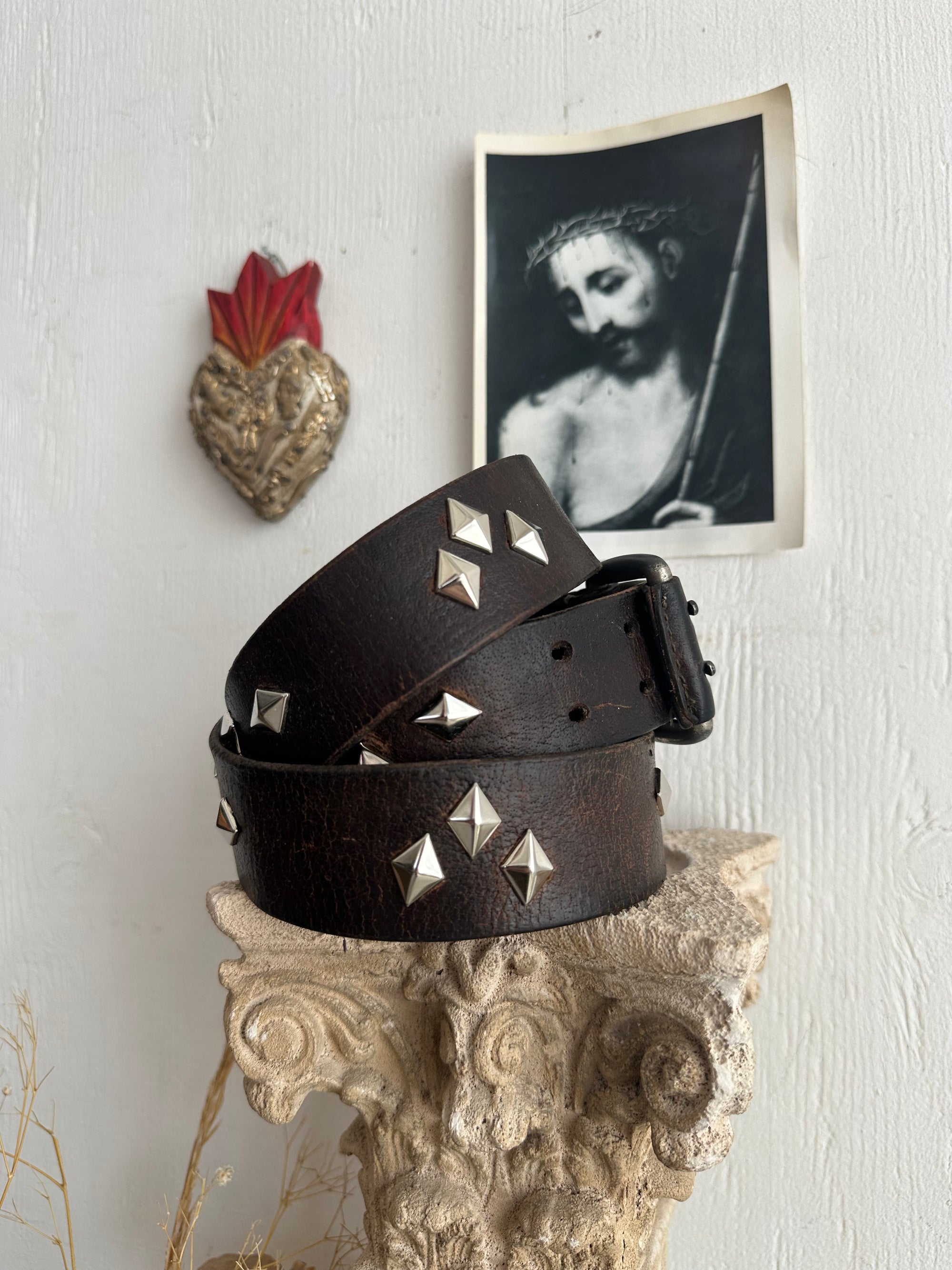 Diamond Studded Double Prong Brown Leather Belt