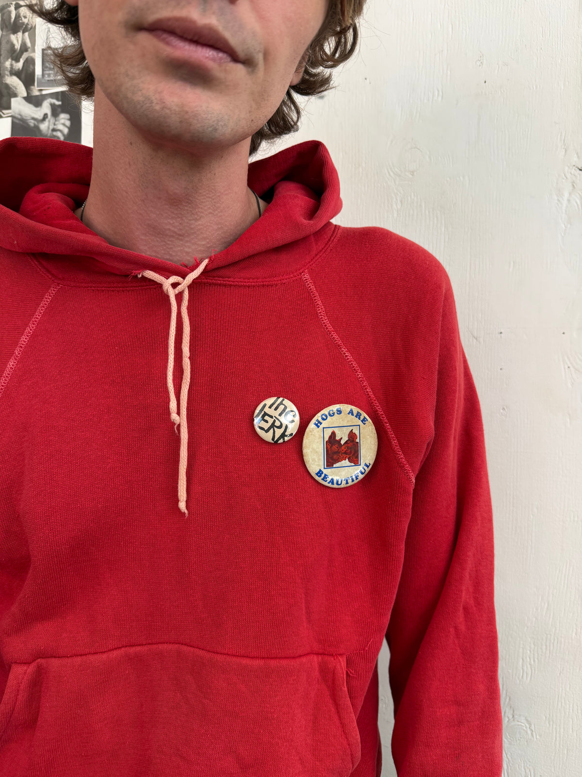 1960s Perfect Faded Red All Cotton Hoodie W/ pins