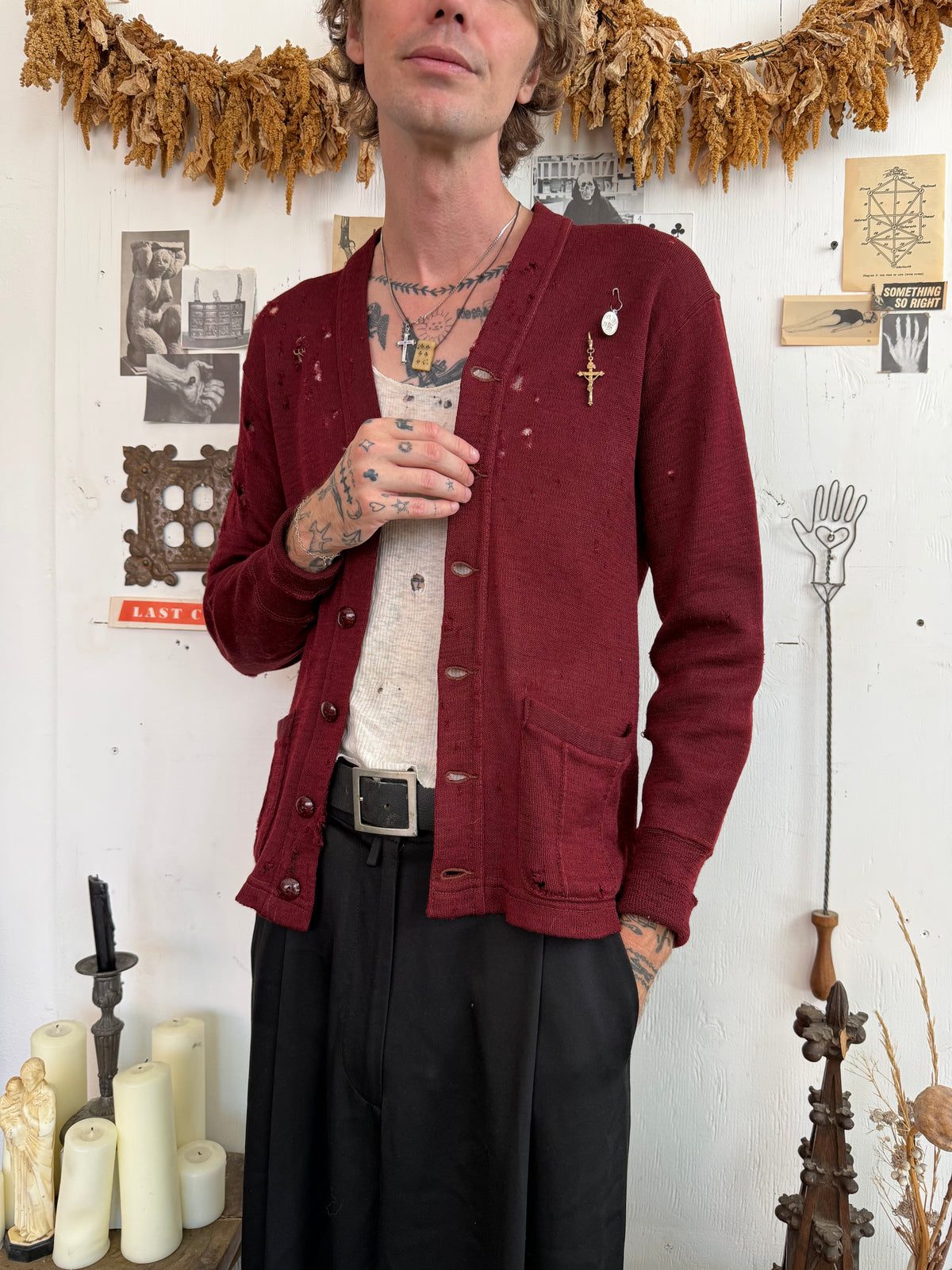 1940s Thrashed Wool Burgundy Cardigan W/ Pendants