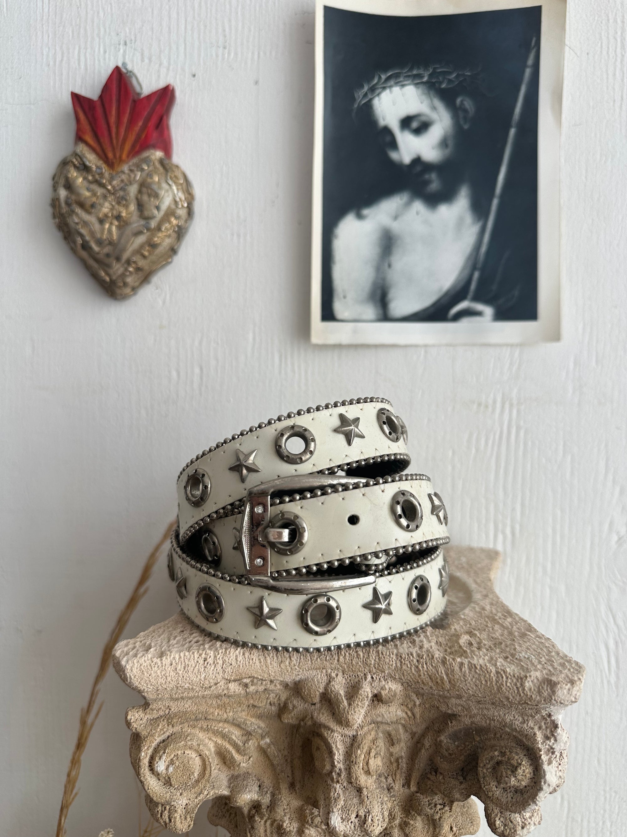 White Leather Belt W/ Star Studs