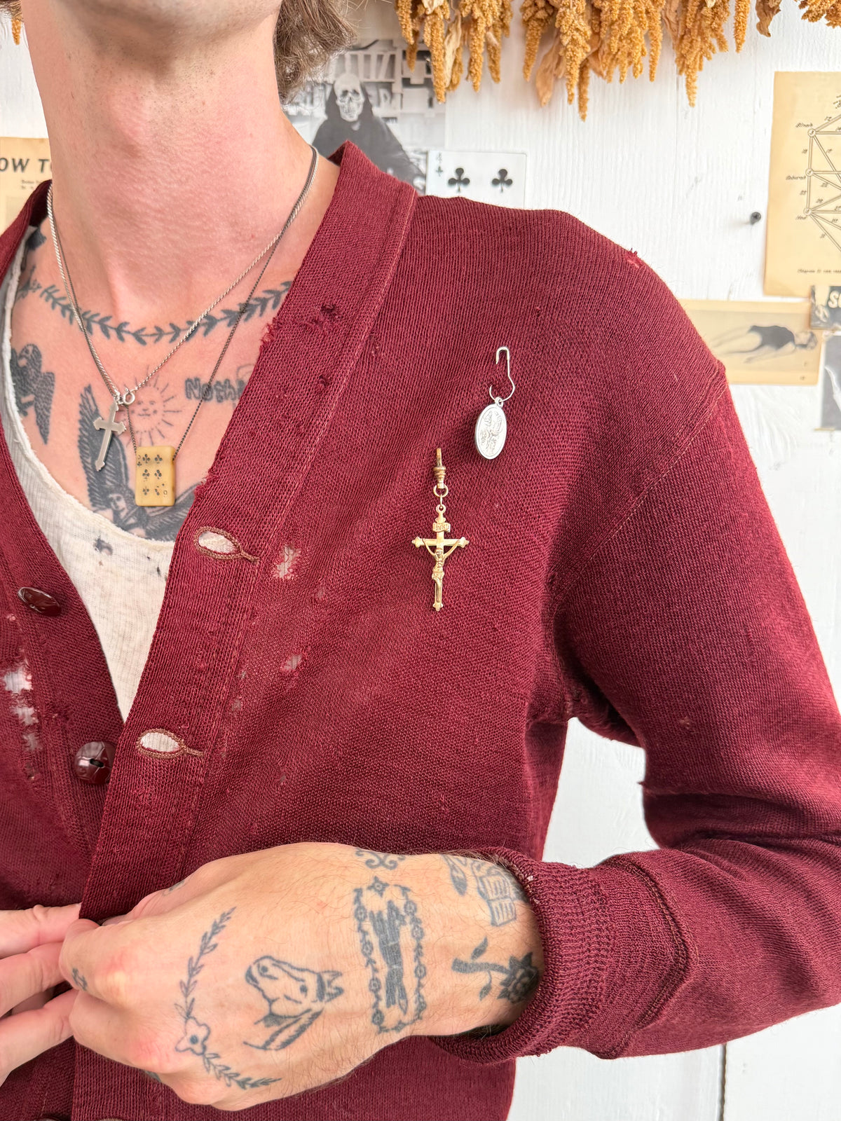 1940s Thrashed Wool Burgundy Cardigan W/ Pendants