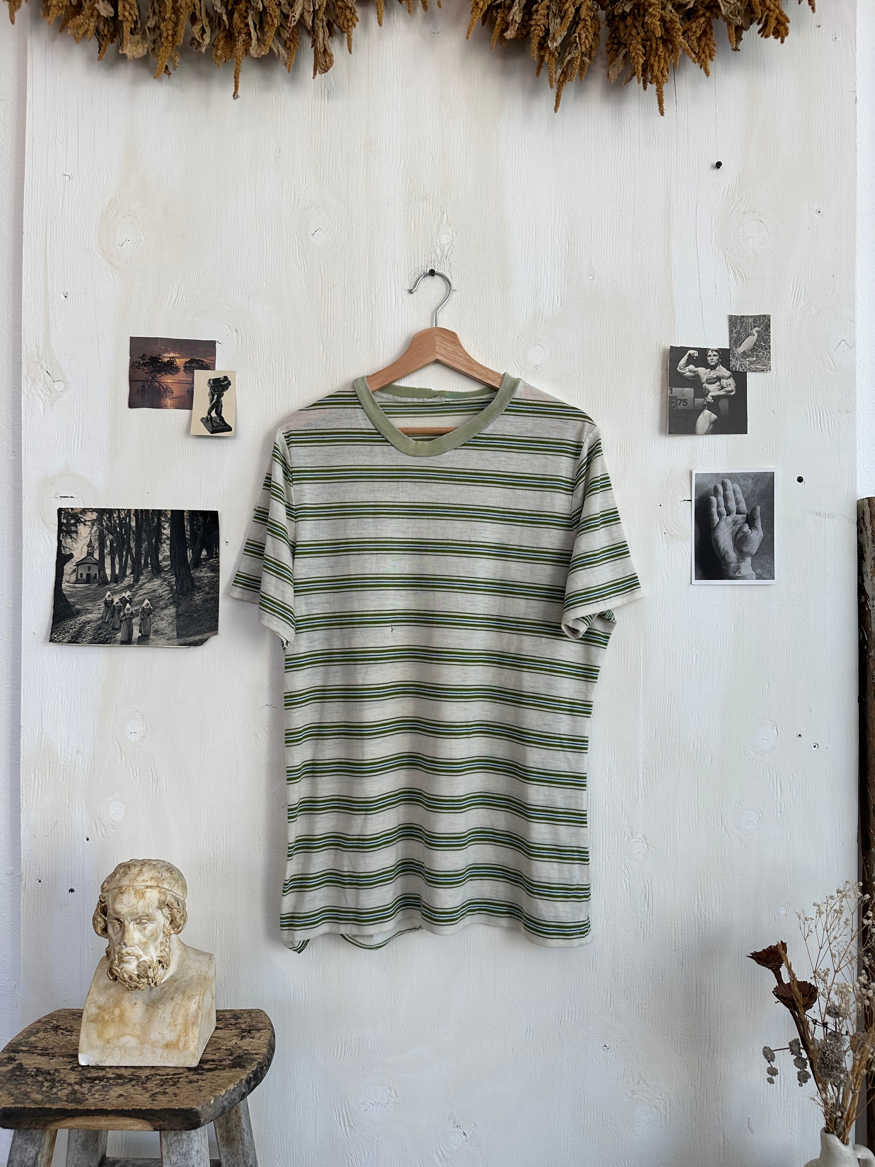 1970s Paper Thin Olive Green Striped Shirt (XL)