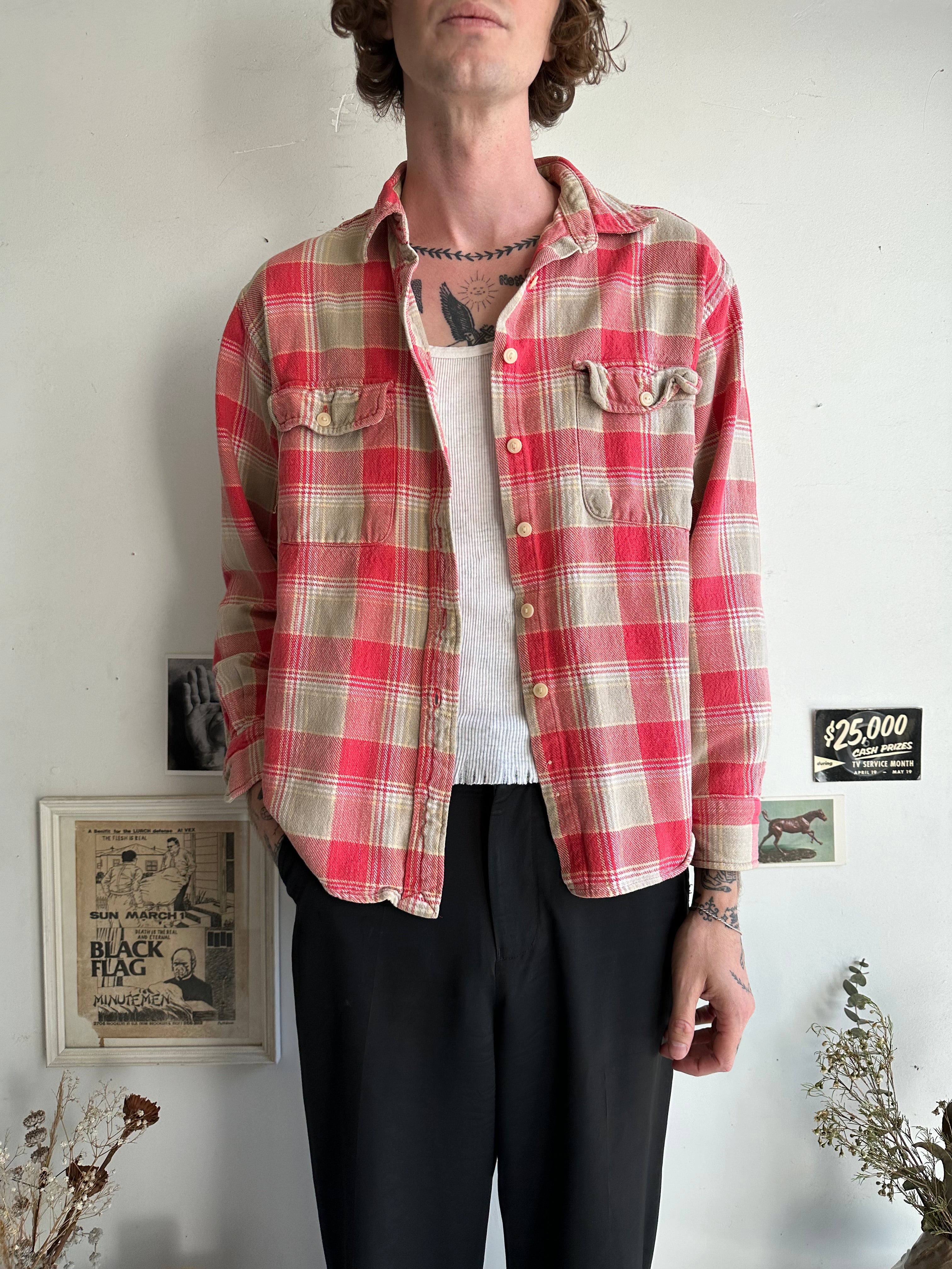 1960s Faded Red Plaid Shirt (Boxy L)