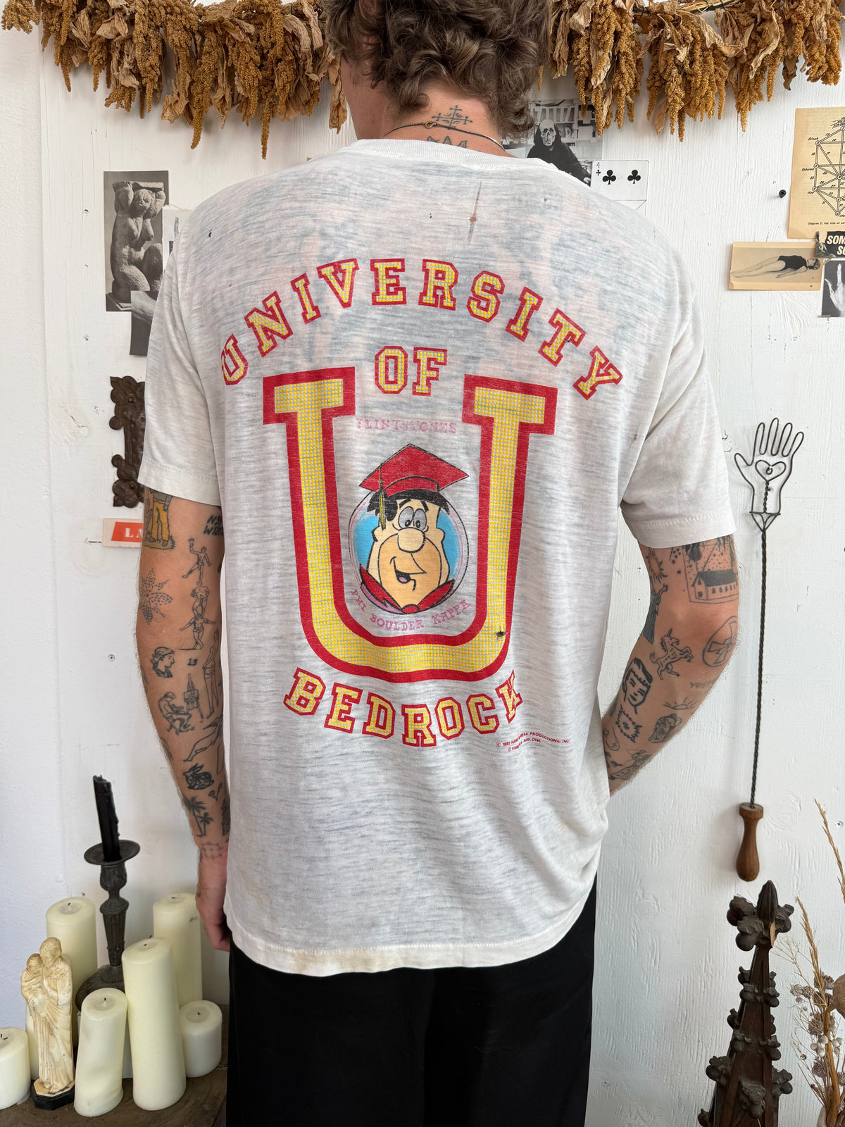 1985 Thrashed and Paper Thin Flinstones University Tee