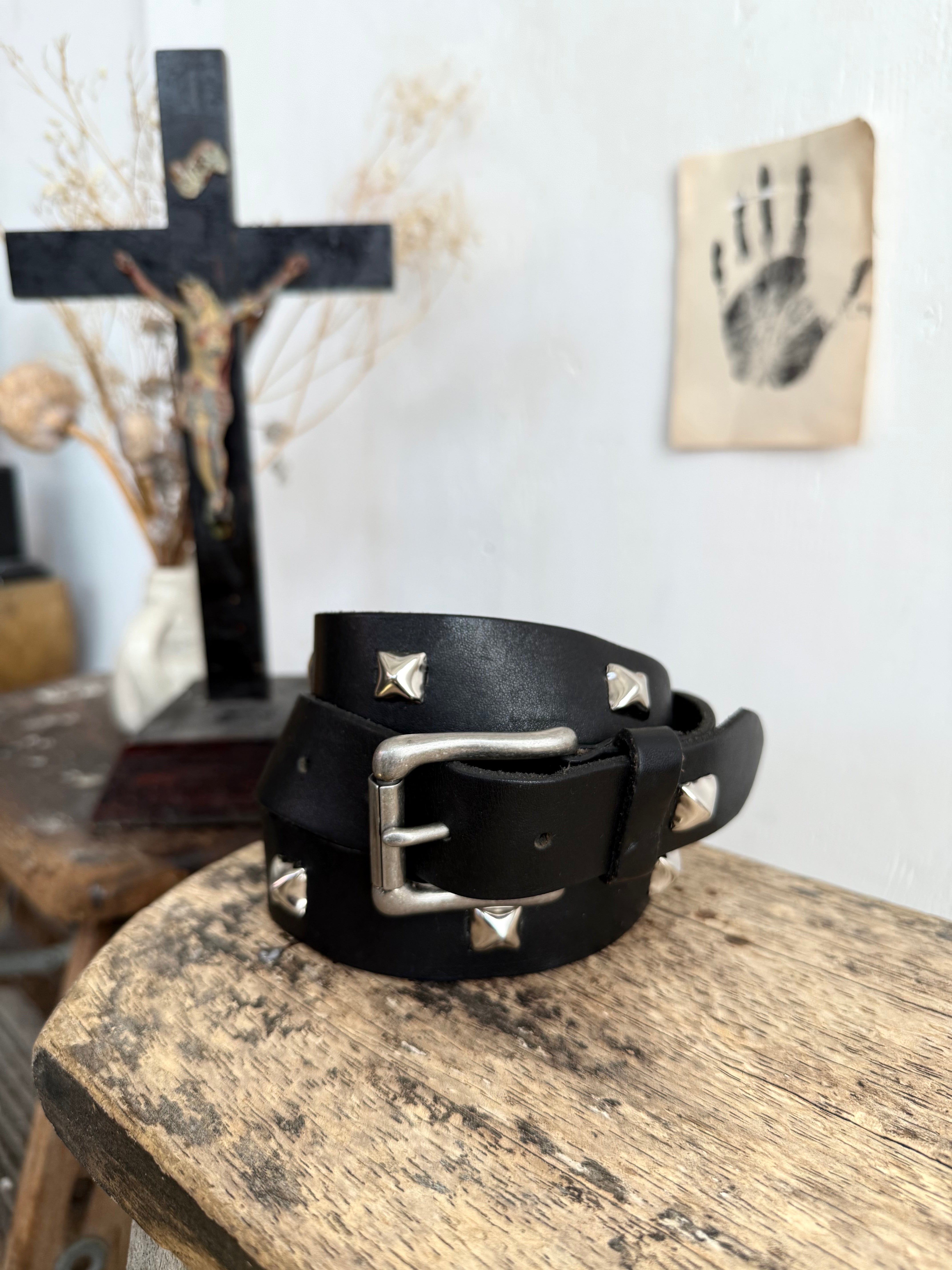 Black Leather Hand Studded Belt (38”)