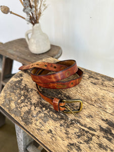 Thin Brown Leather Flower Stamped Belt (30")