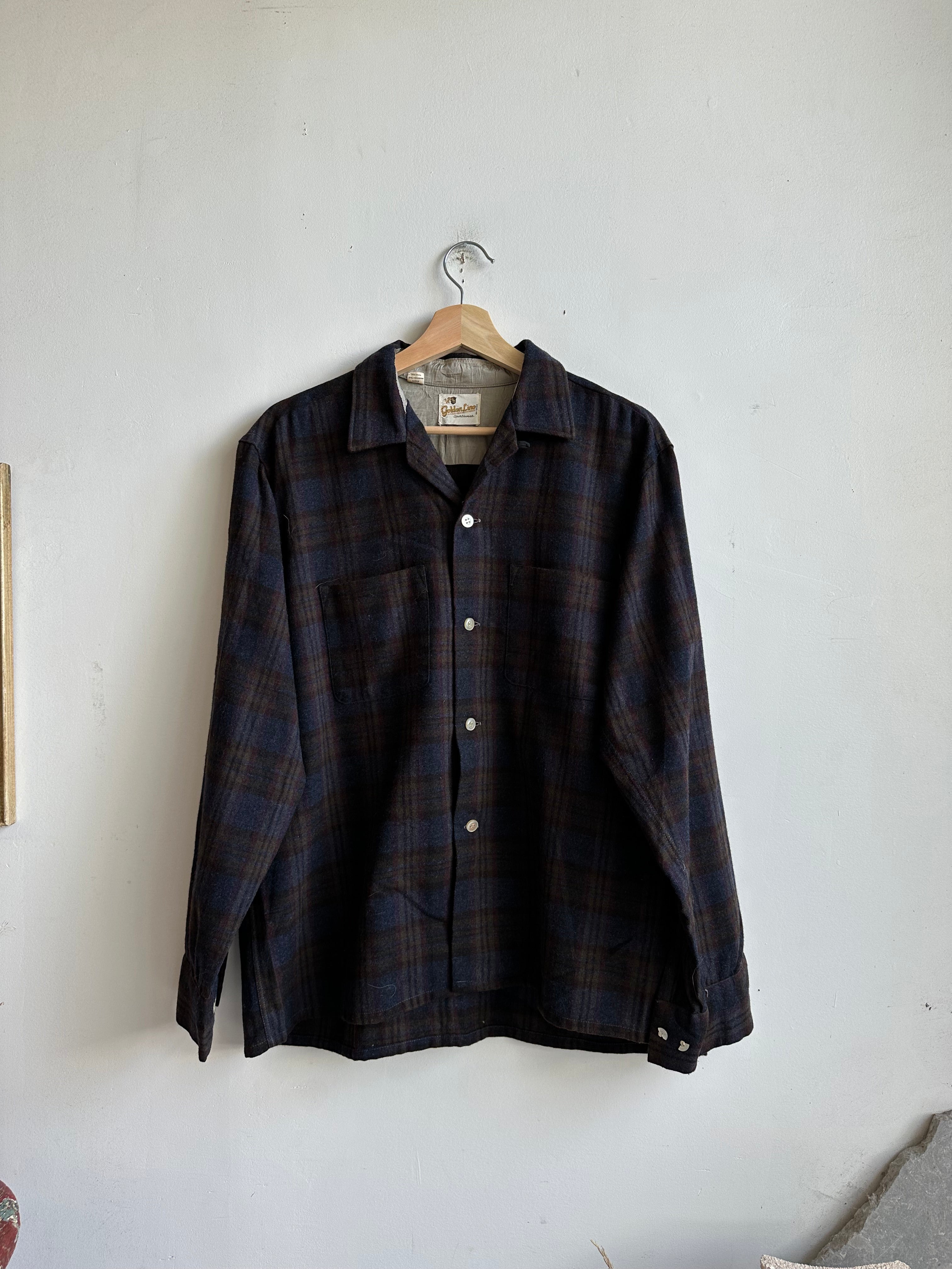 1960s Brown and Navy Plaid Flannel (L/XL)