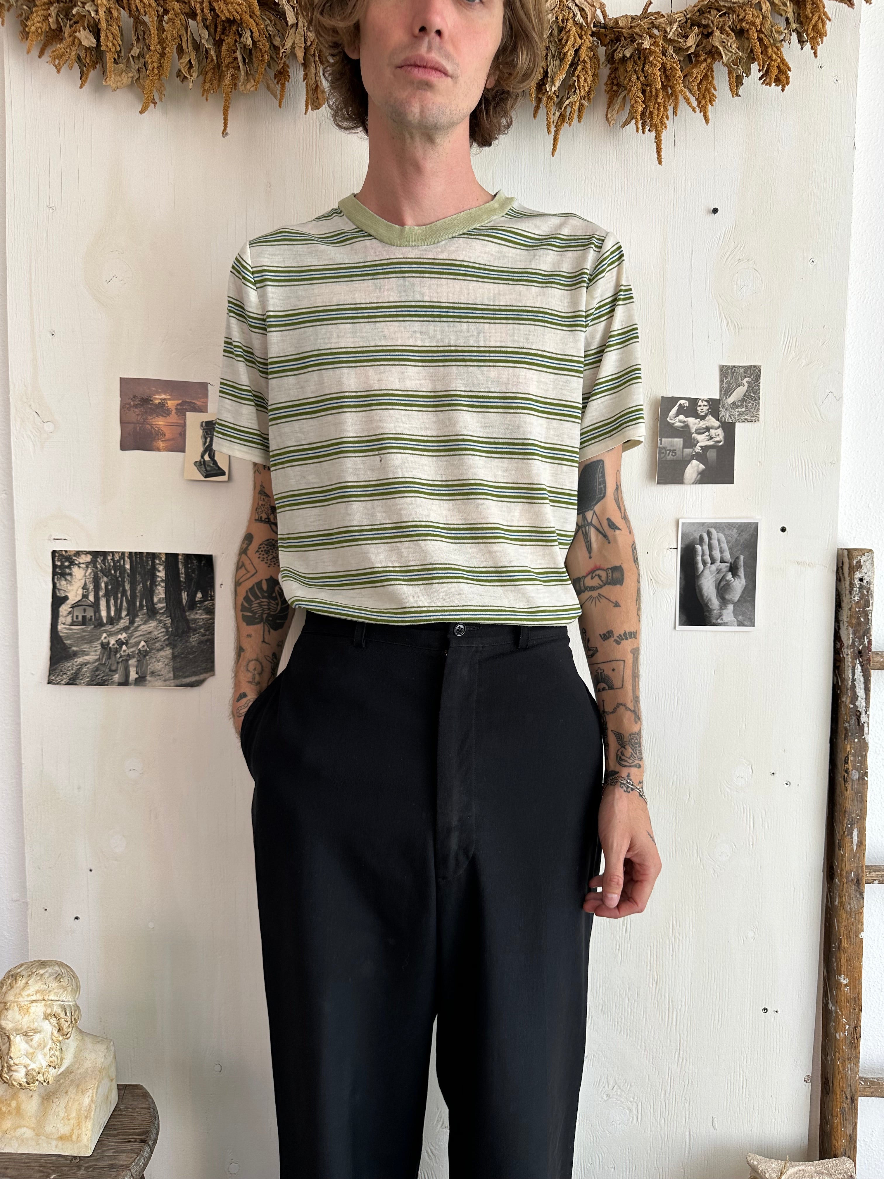1970s Paper Thin Olive Green Striped Shirt (XL)