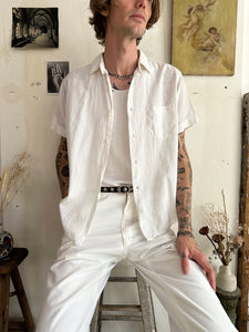 1960s Paper Thin Stamped Short Sleeve Button Up (M/L)