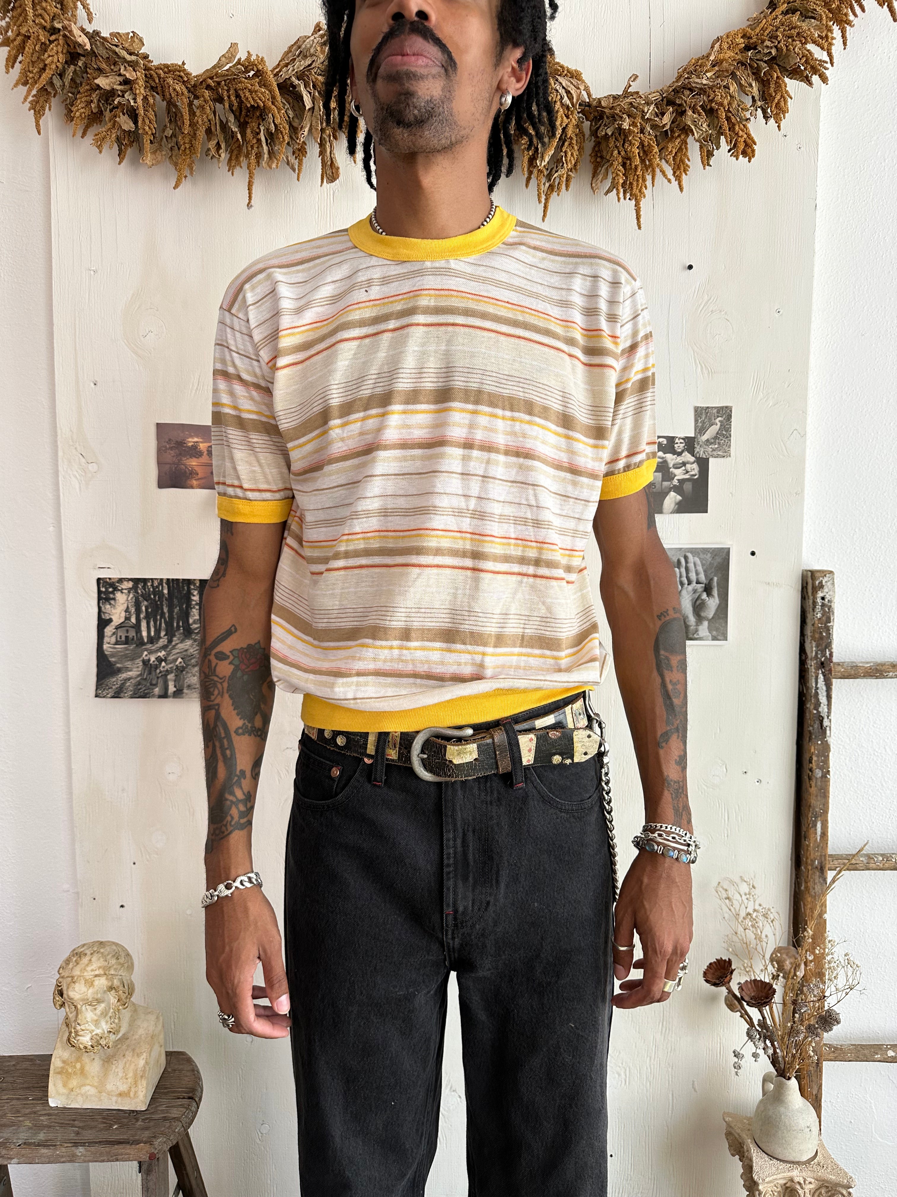 1970s Yellow Striped Ringer Tee (M)