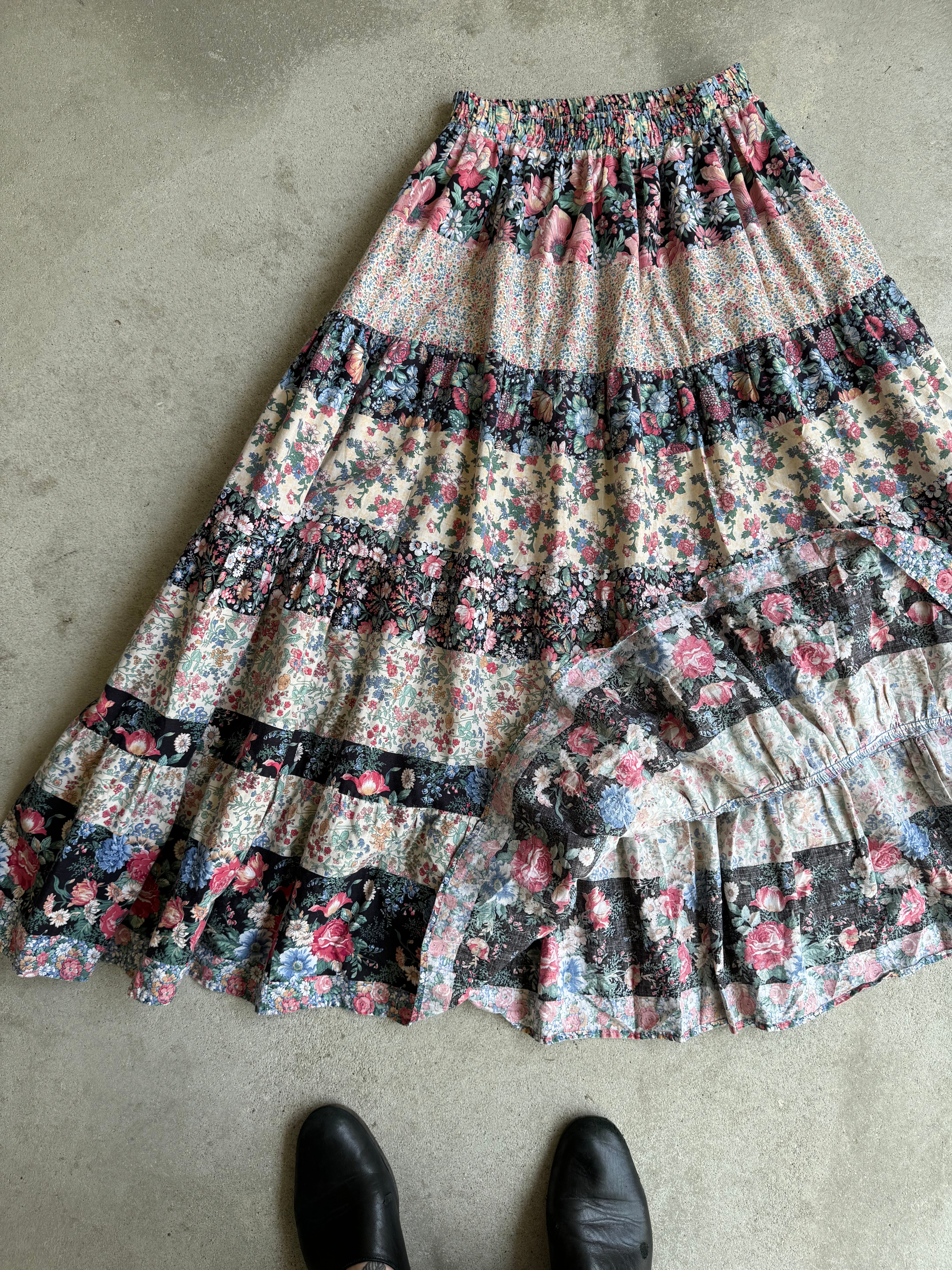 1970s Striped Floral Skirt (Elastic 26" - 36")