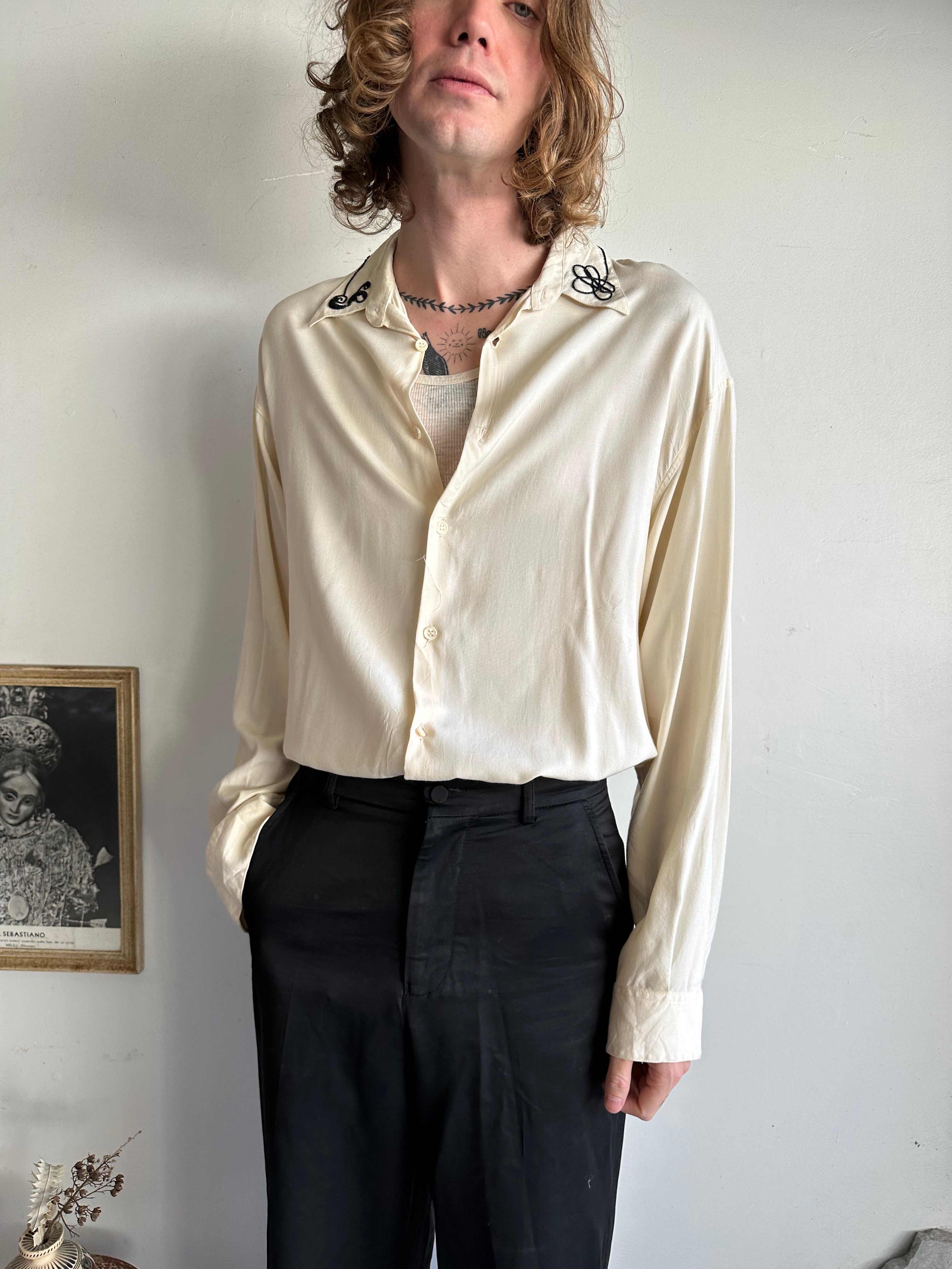 1980s Cream Beaded Western Shirt (XL)