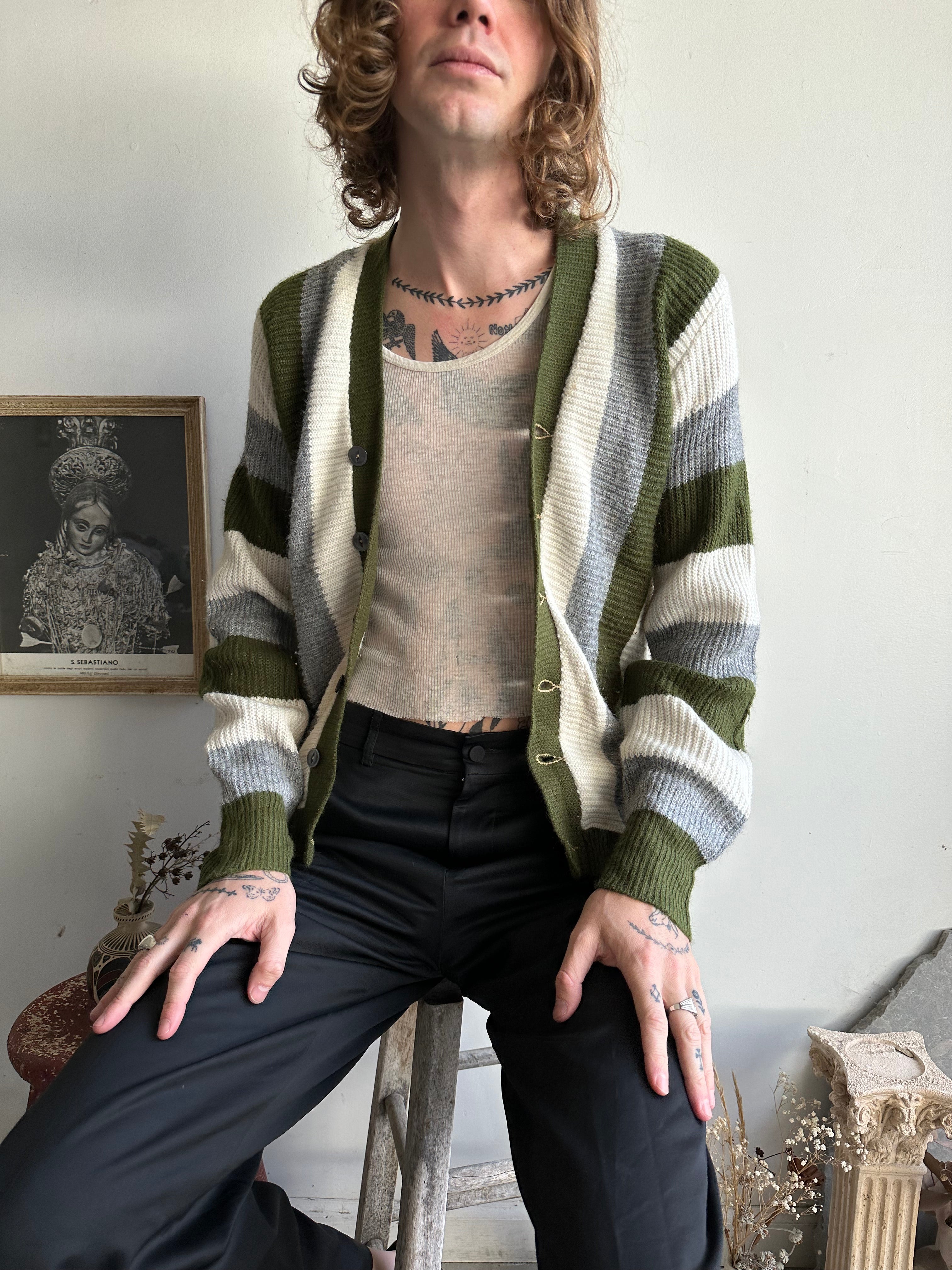 1960s Green Striped Sweater (M)