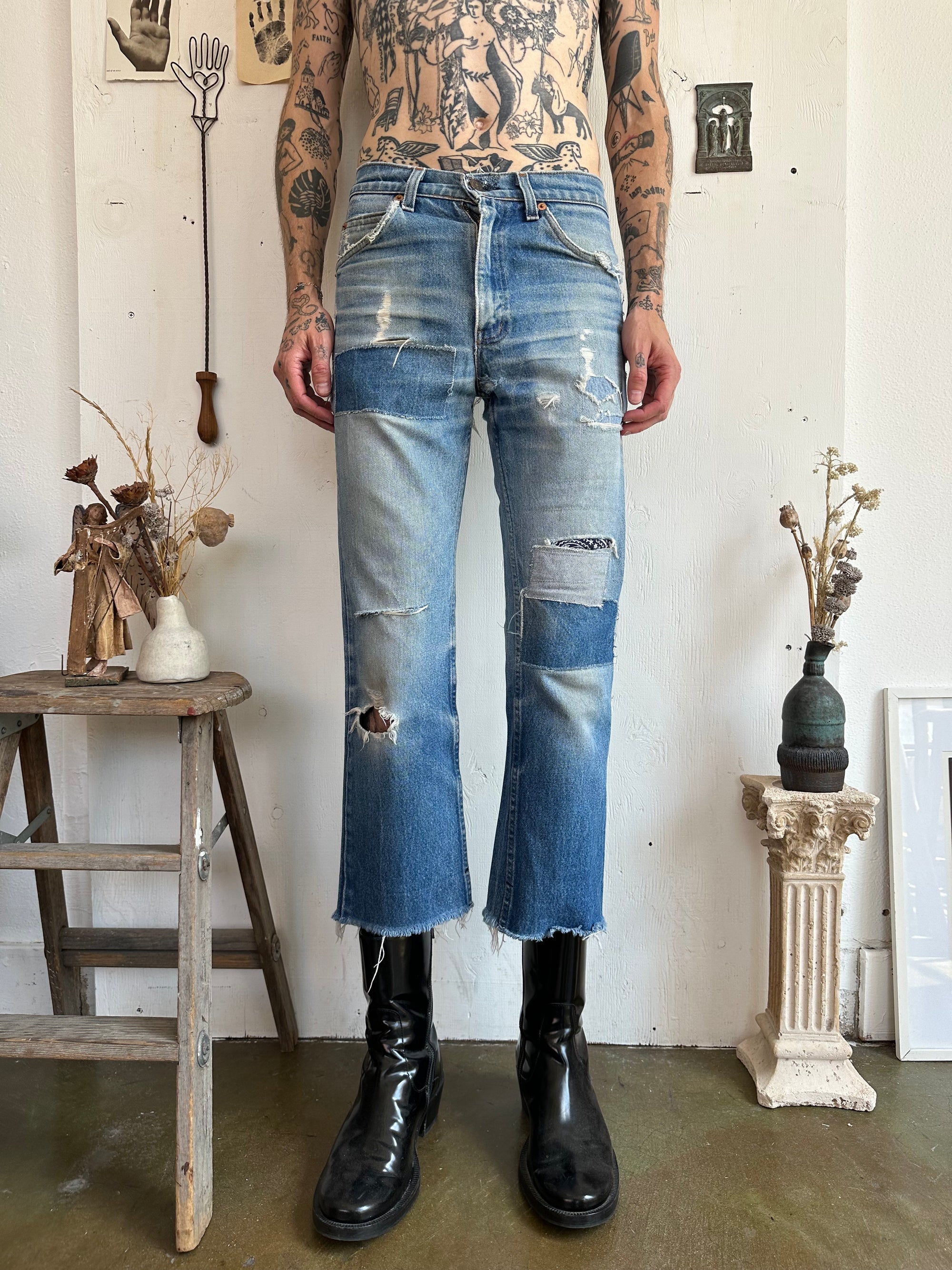 1970s Heavily Patched Orange Tab Levis Cropped Flares