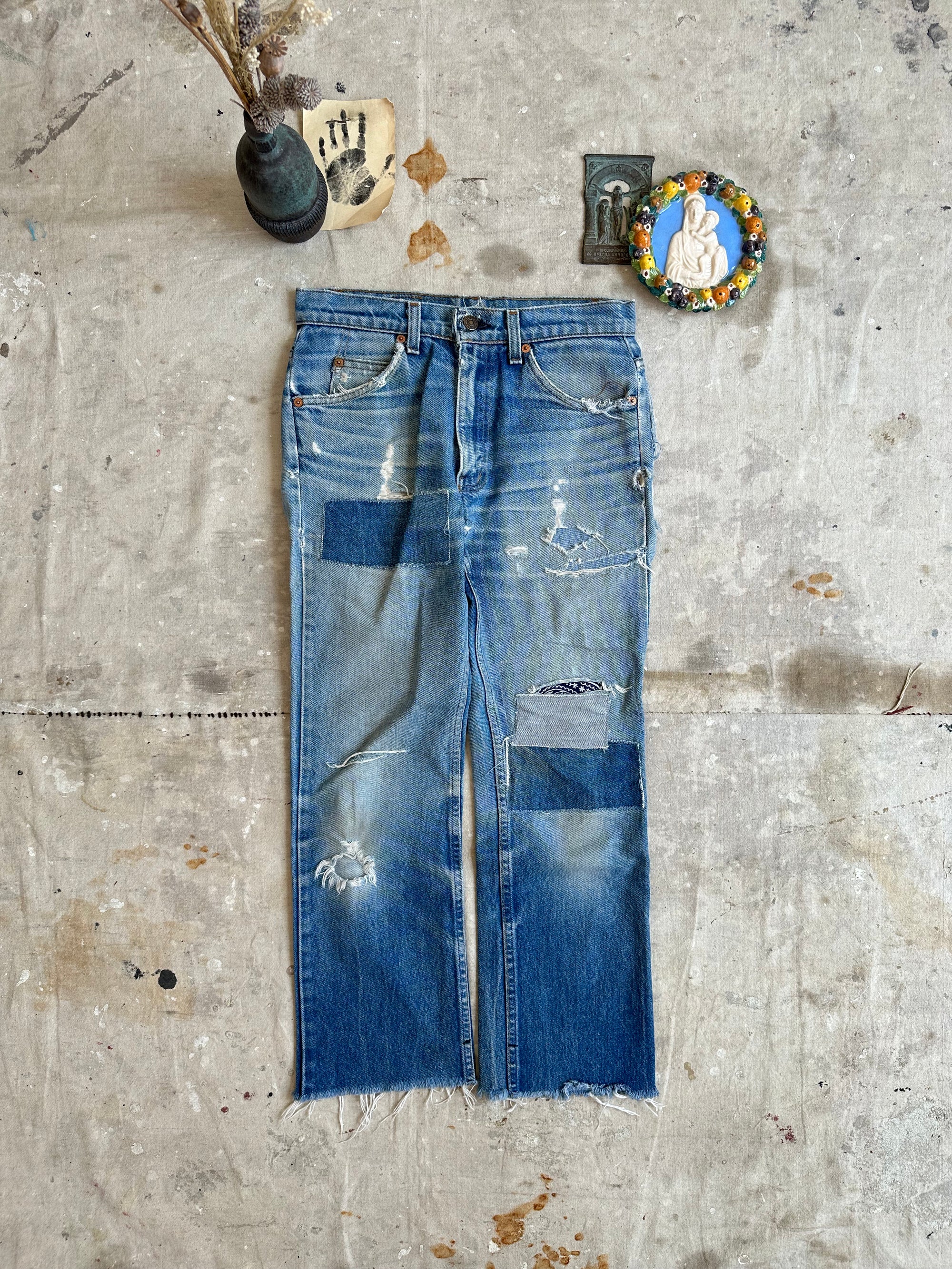 1970s Heavily Patched Orange Tab Levis Cropped Flares