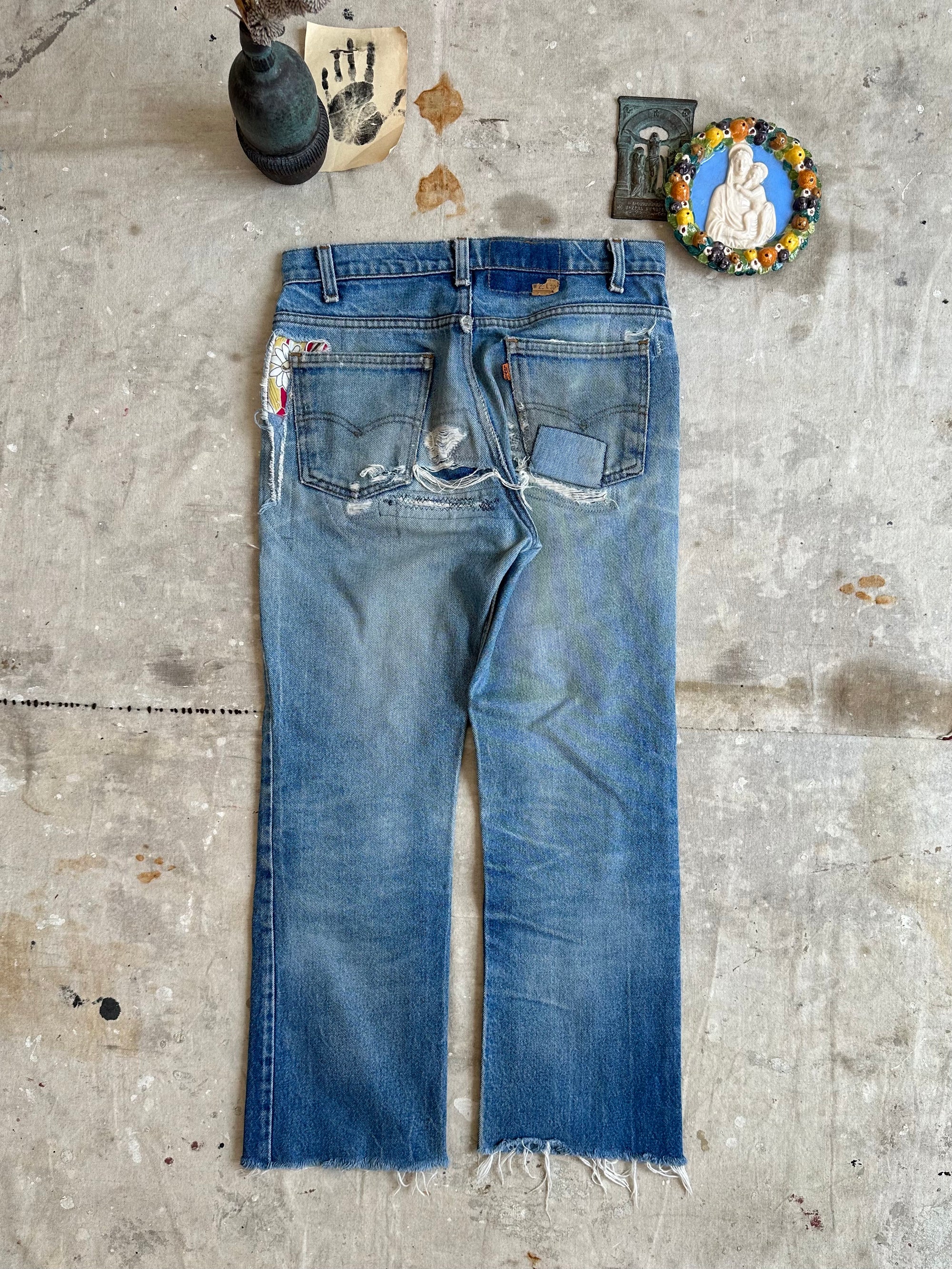 1970s Heavily Patched Orange Tab Levis Cropped Flares