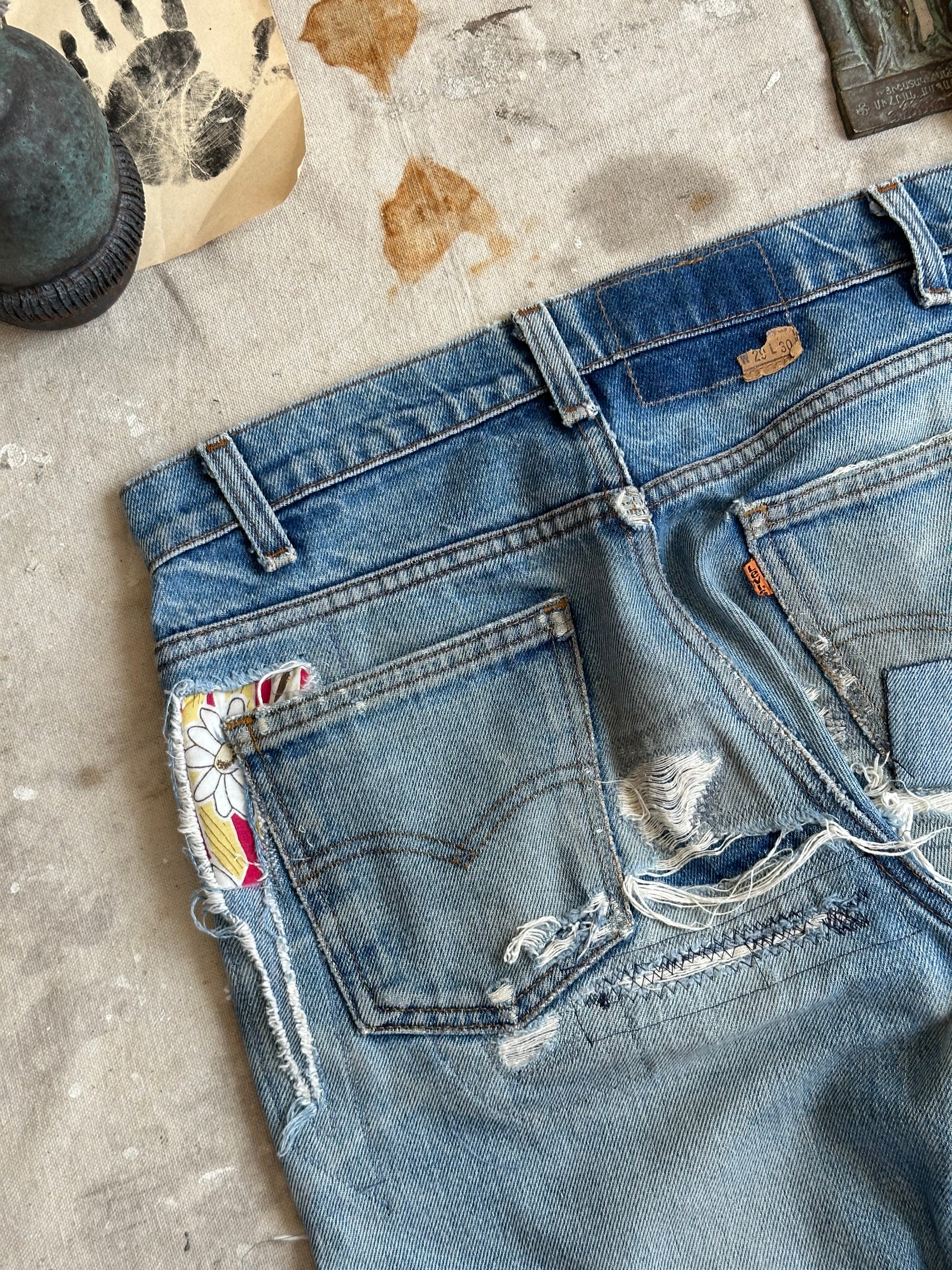 1970s Heavily Patched Orange Tab Levis Cropped Flares