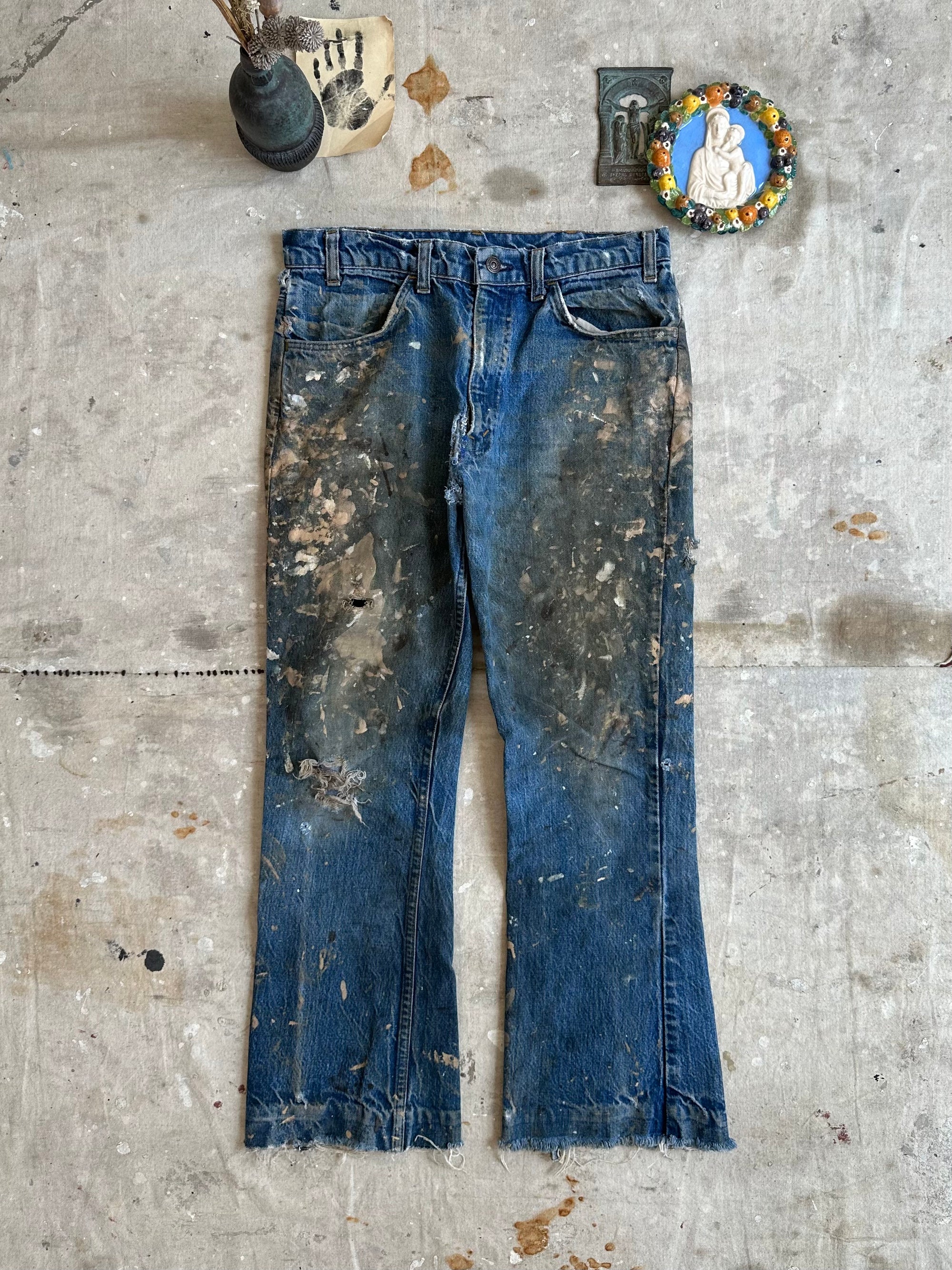 1970s Paint Splattered Orange Tab Levis Cropped Flair