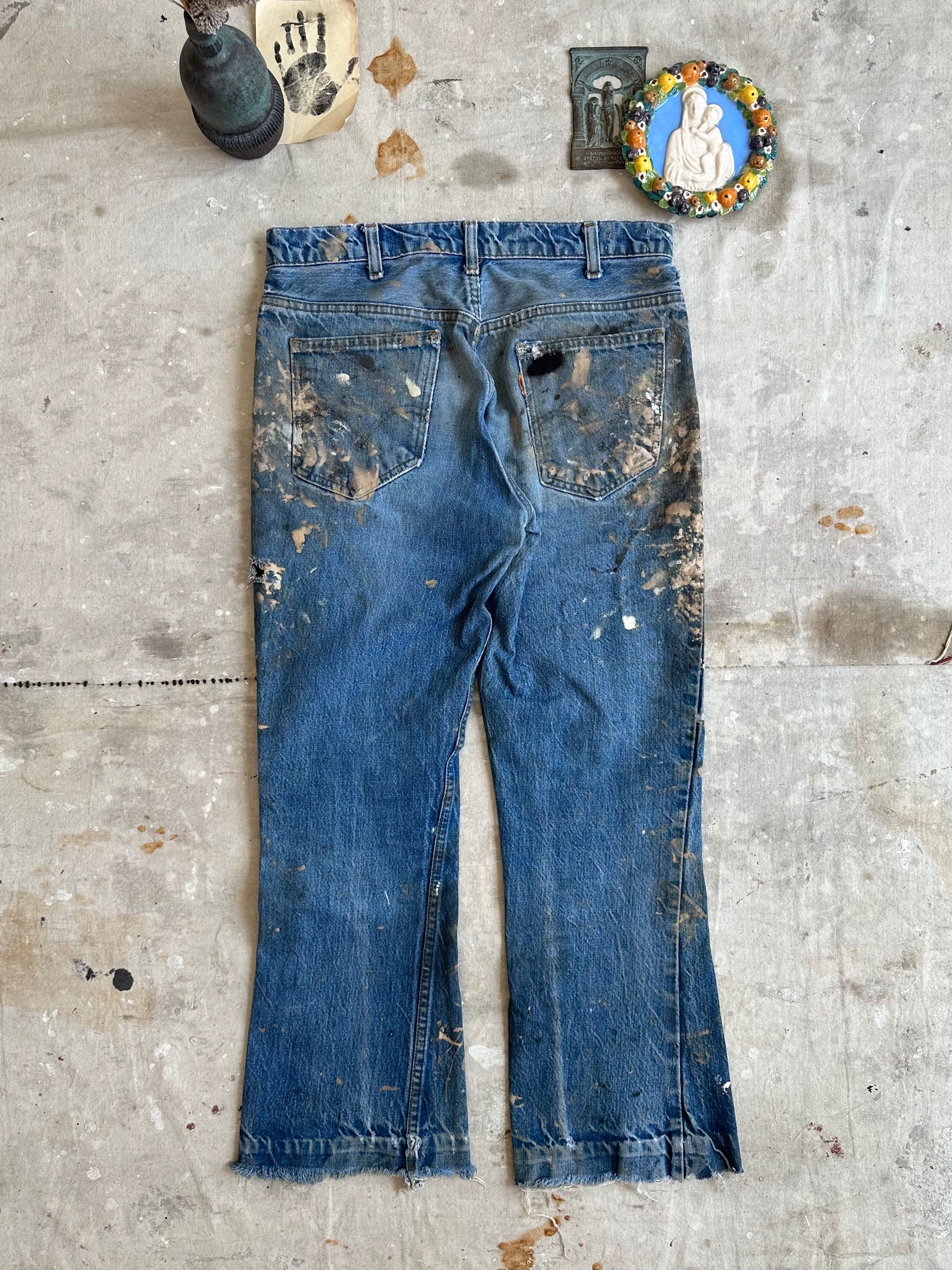 1970s Paint Splattered Orange Tab Levis Cropped Flair