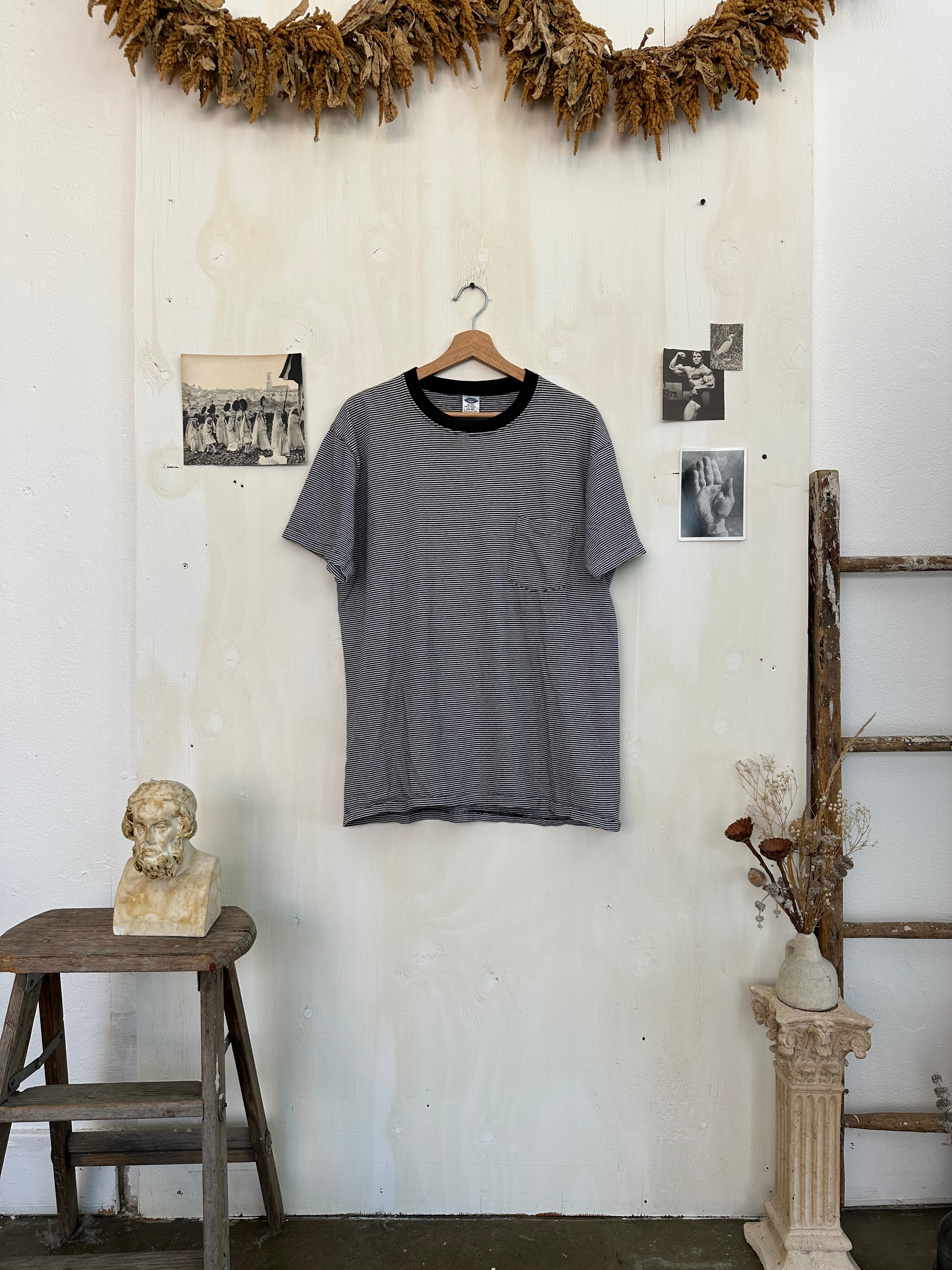 1990s Towncraft Black And White Striped Pocket Tee (L)