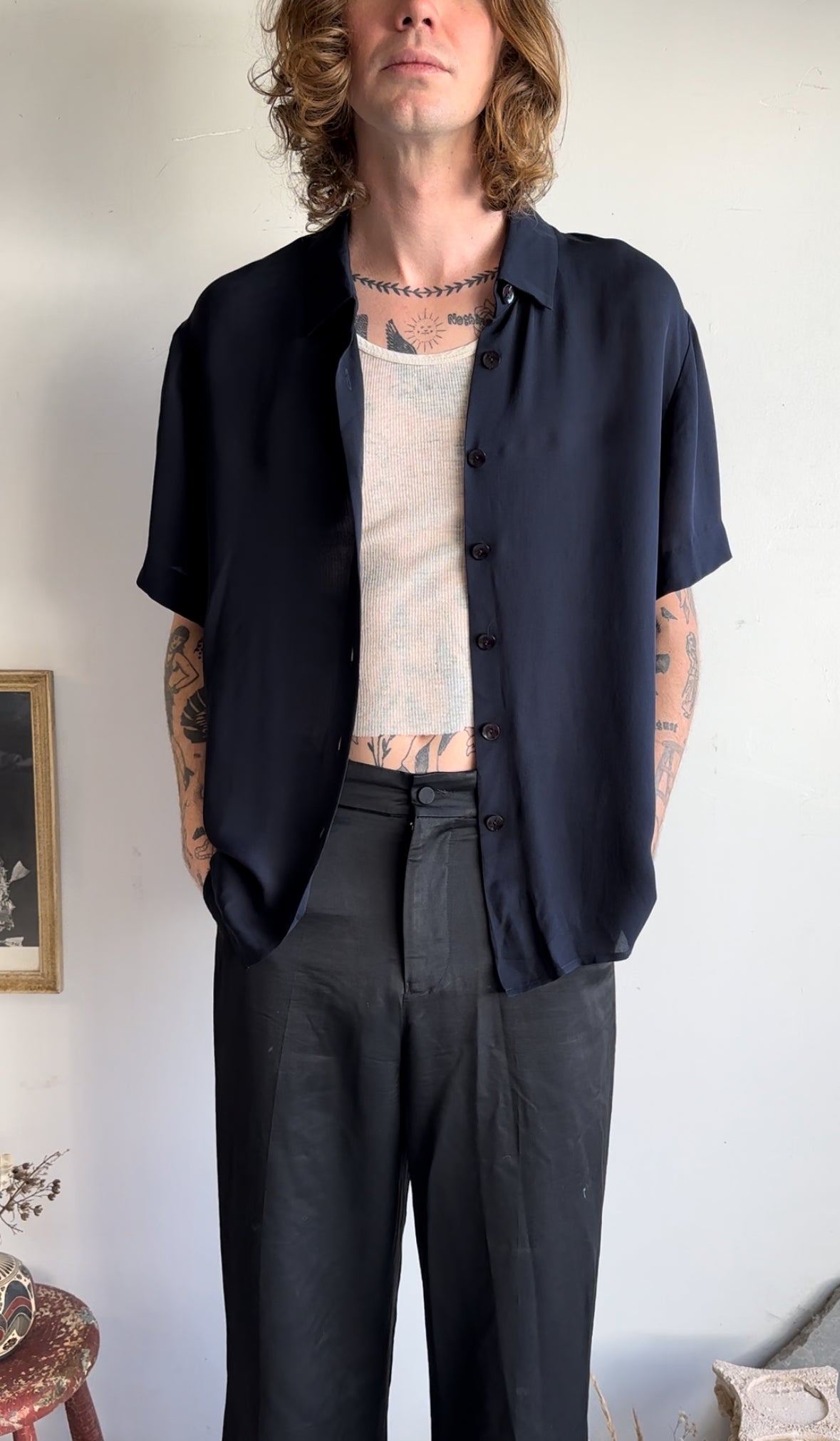 1990s Navy Silk Button Up (Boxy L)