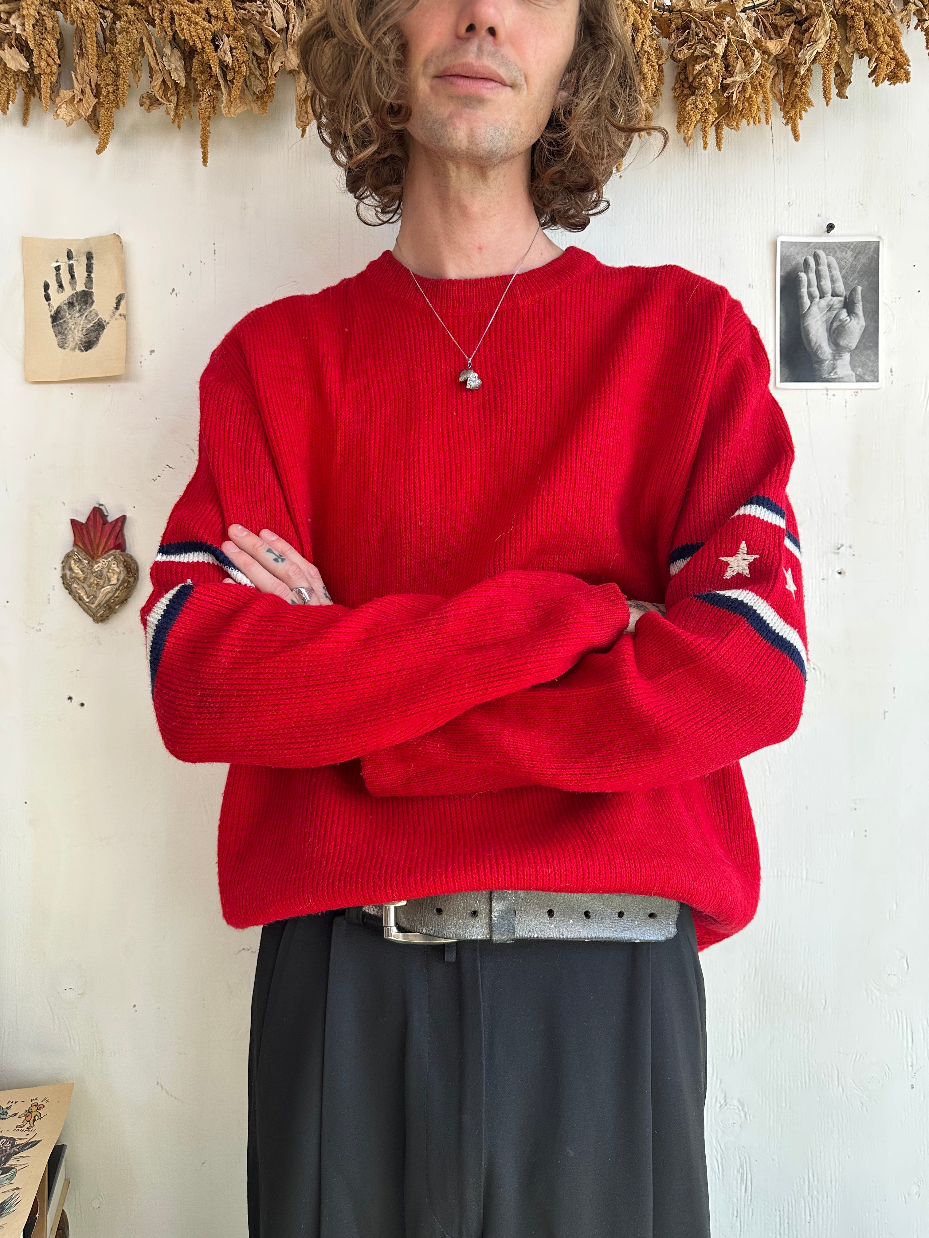 1970s Star Sleeve Knit Sweater (Boxy XL)