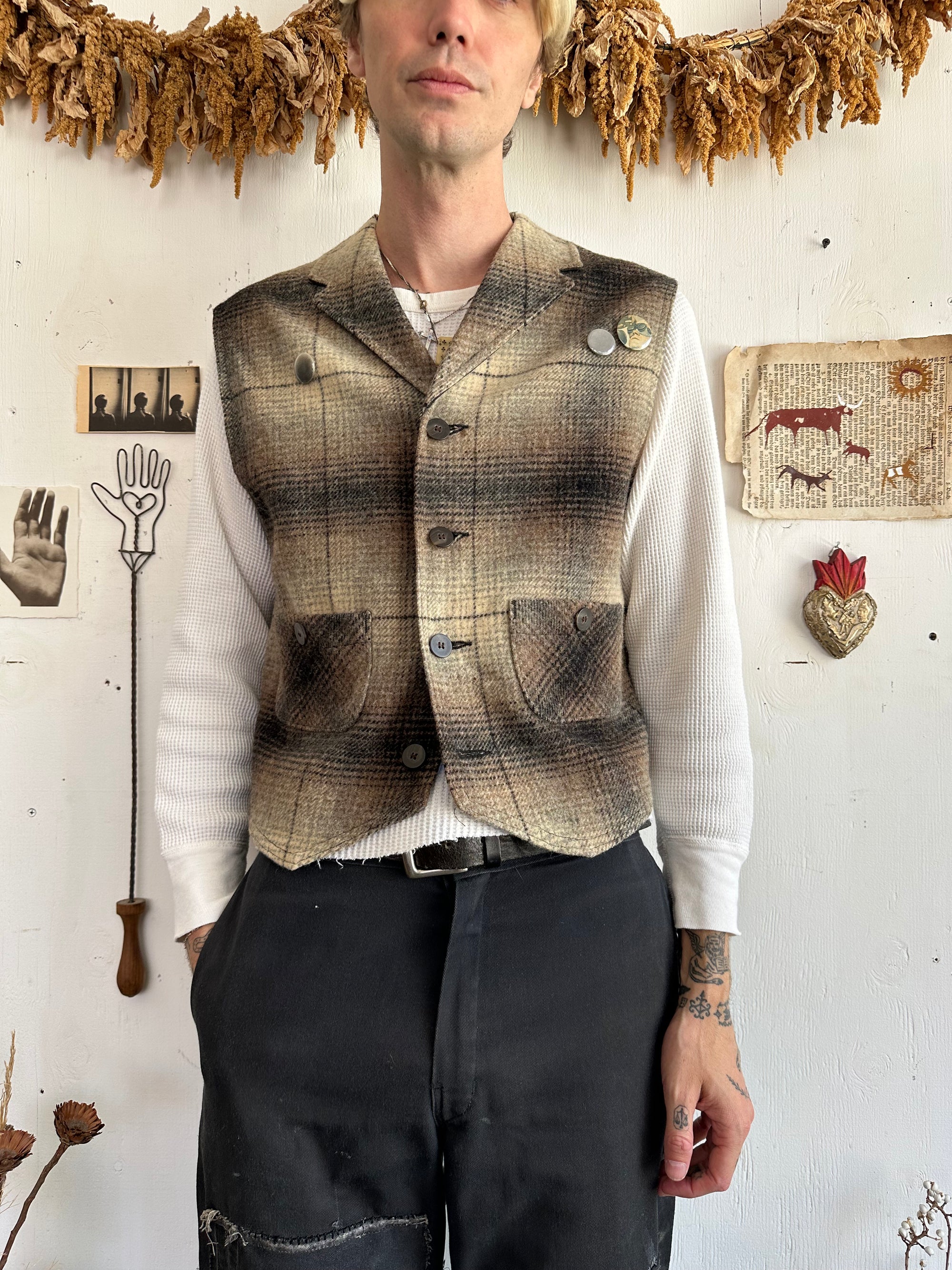 1990s Shadow Plaid Woolrich Vest W/ Pins