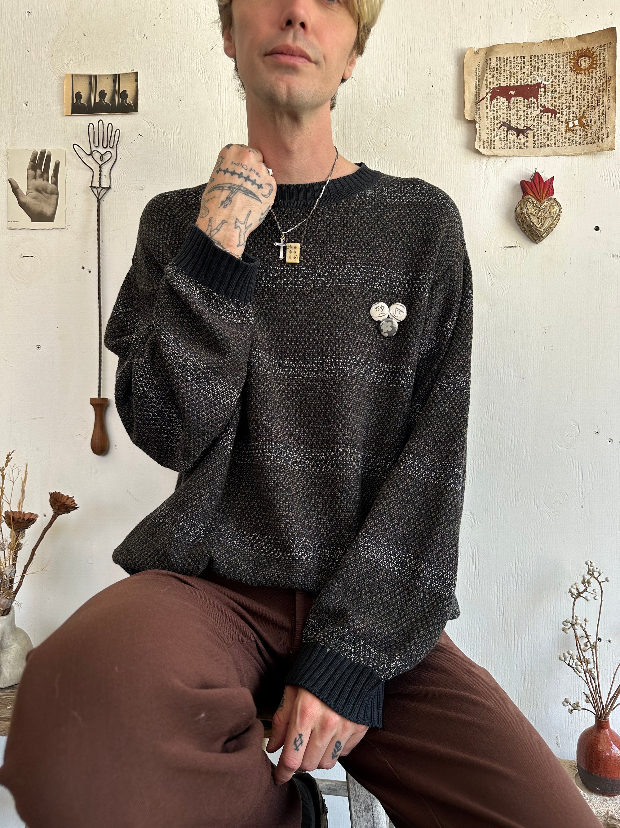 1990s Cozy All Cotton Striped Sweater W/ Pins