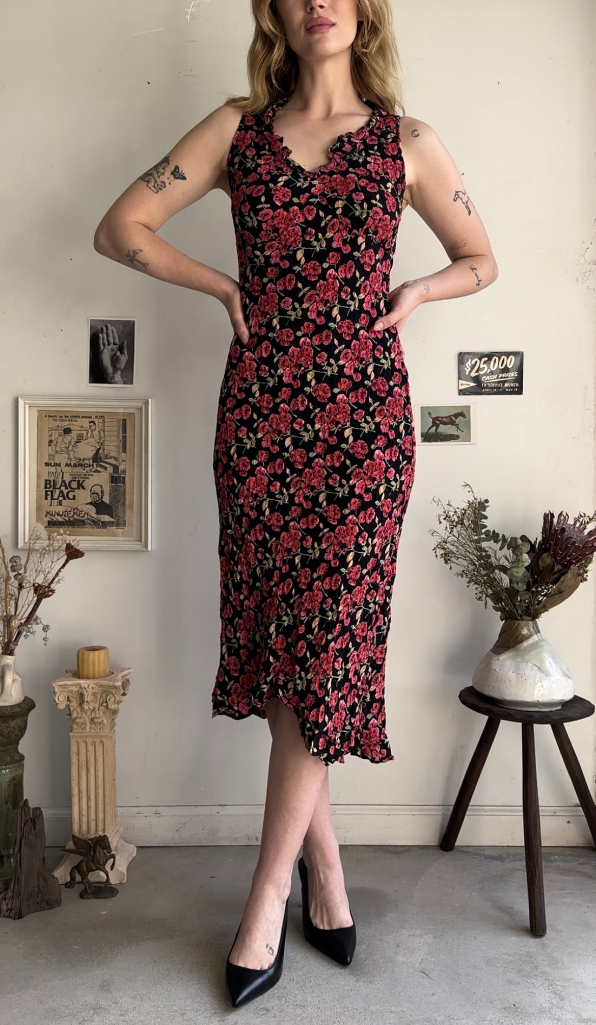 1990s Roses Midi Dress (S/M)