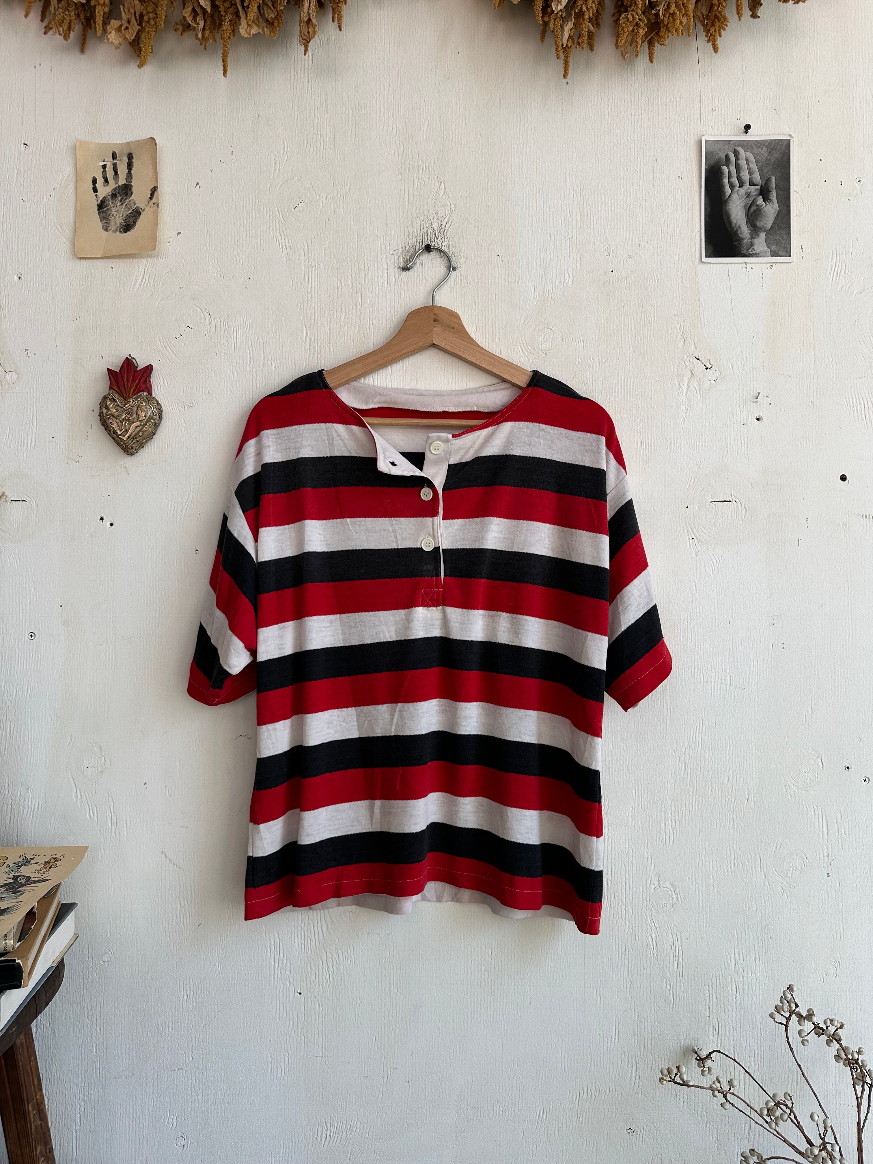 1980s Striped Henley Short Sleeve (Boxy L)