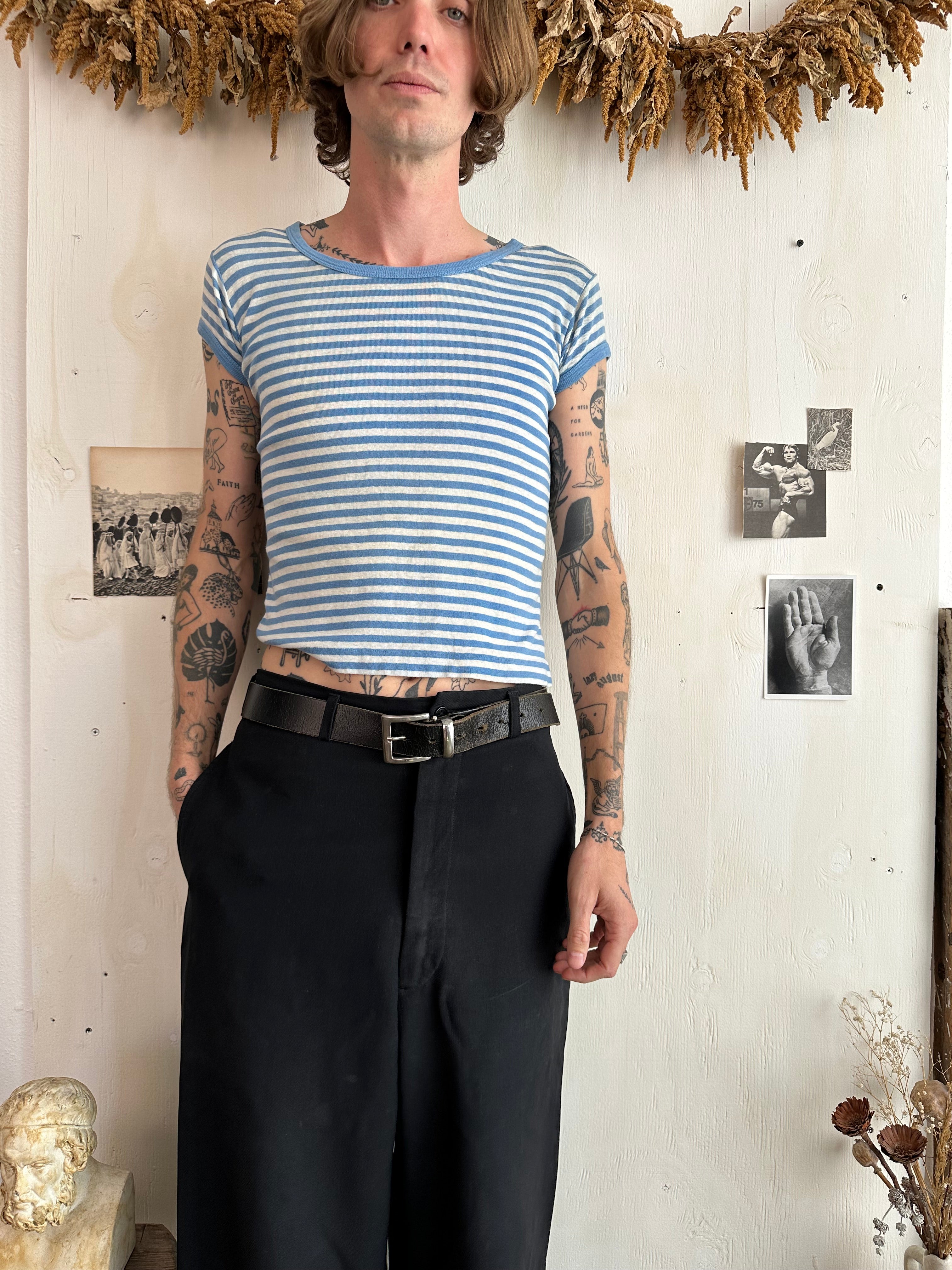 1980s Faded Light Blue Striped Tee (S)