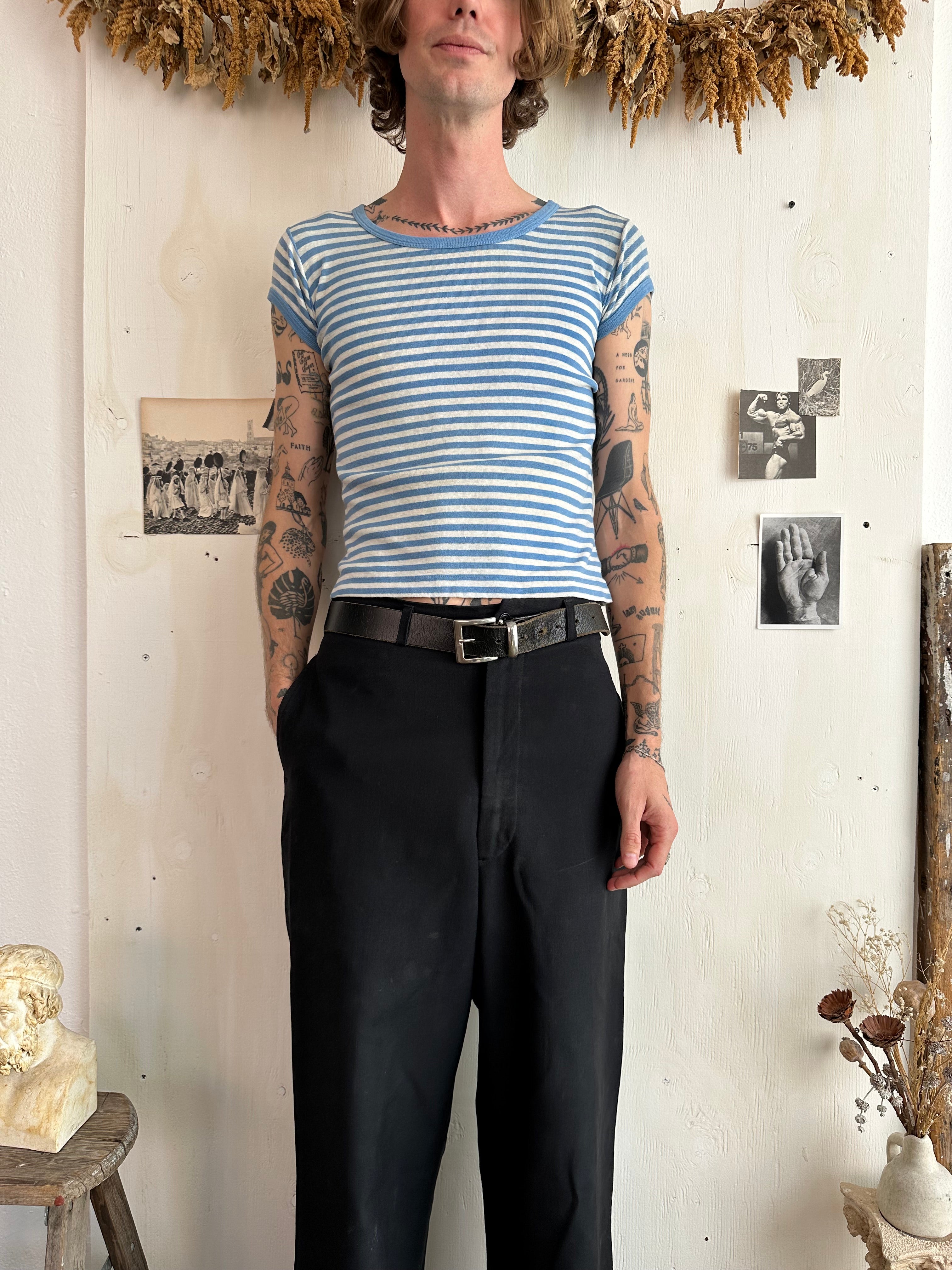 1980s Faded Light Blue Striped Tee (S)