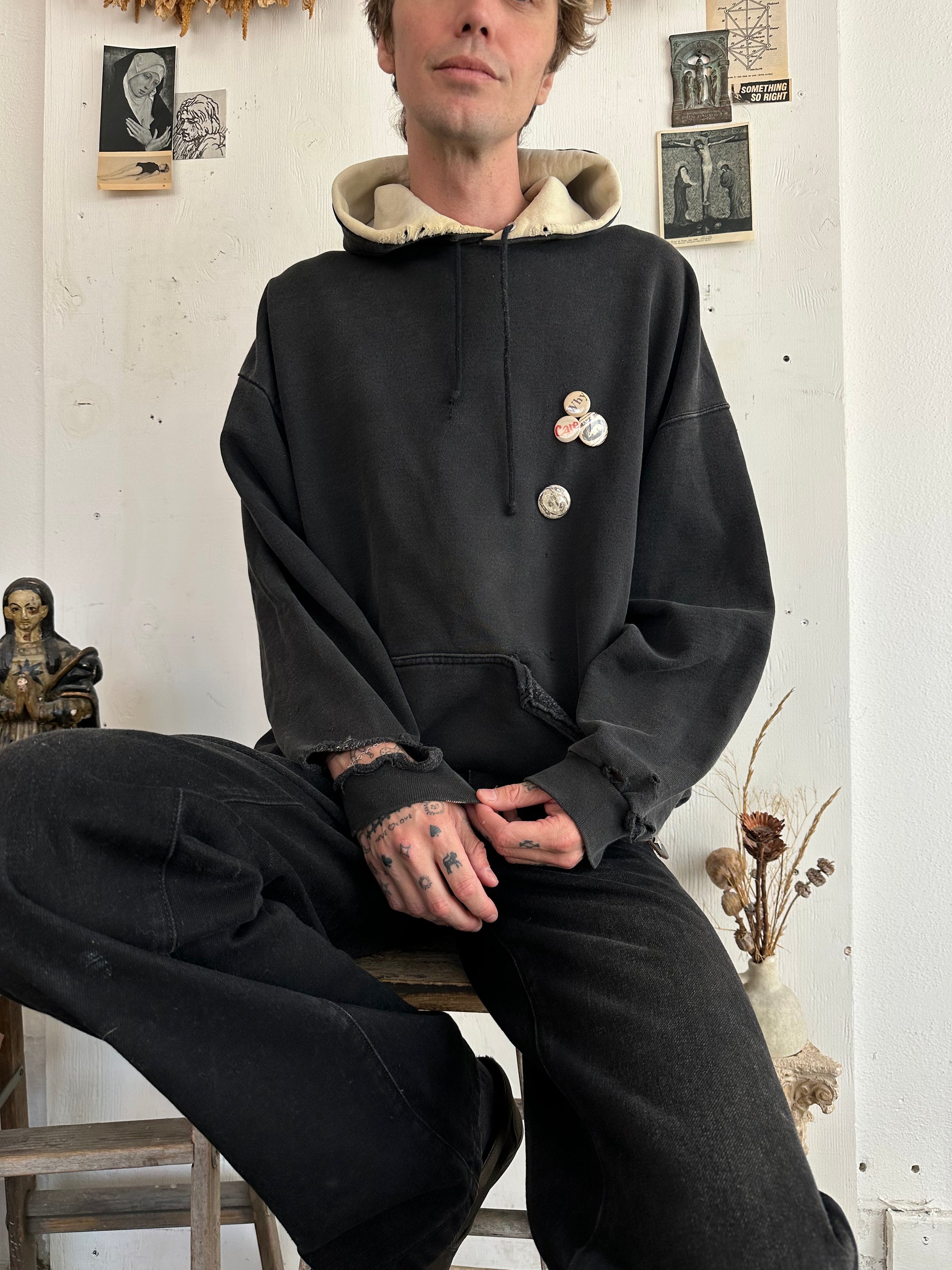 1990s Thrashed Tultex Black Hoodie W/ Pins