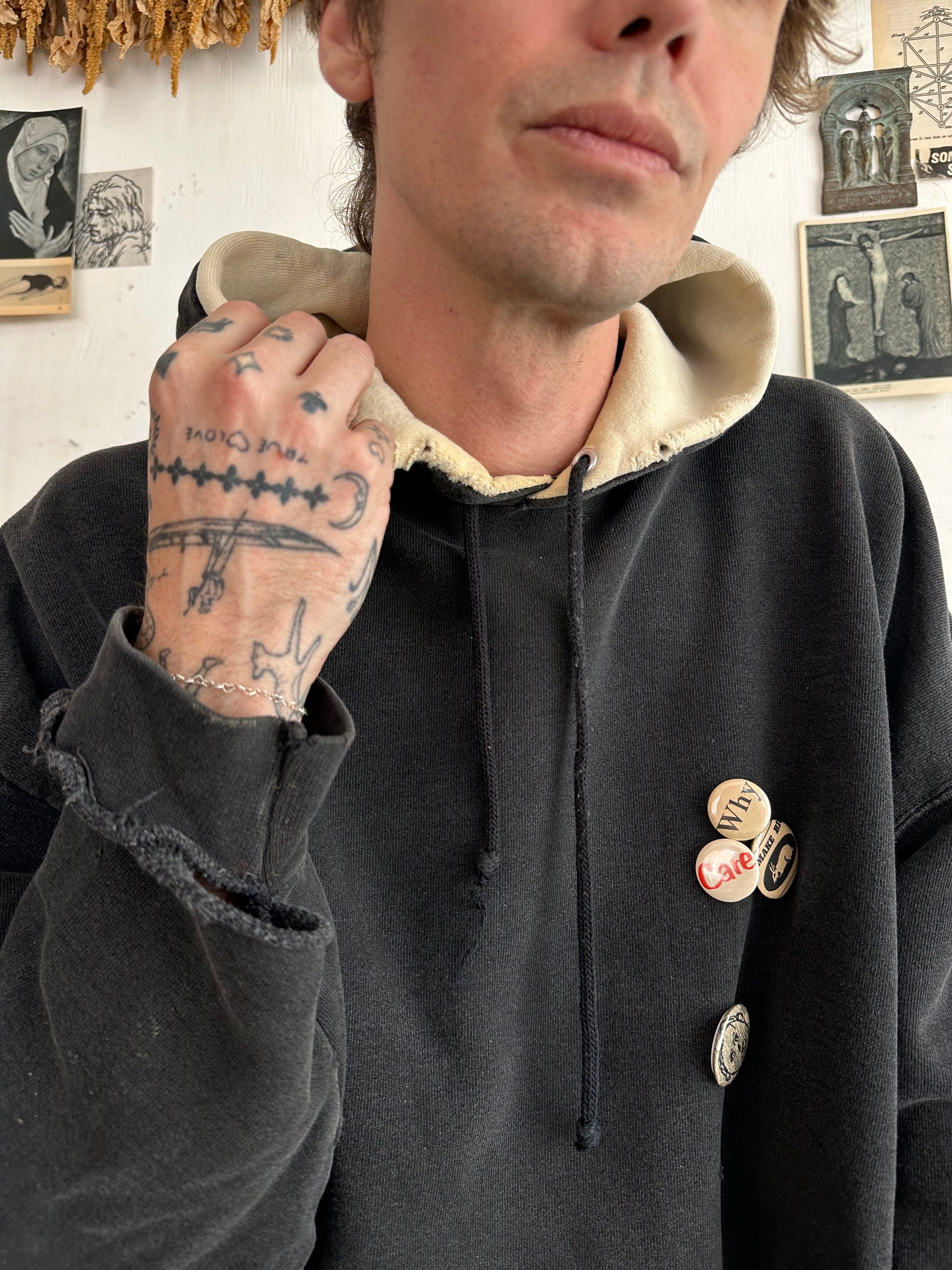 1990s Thrashed Tultex Black Hoodie W/ Pins