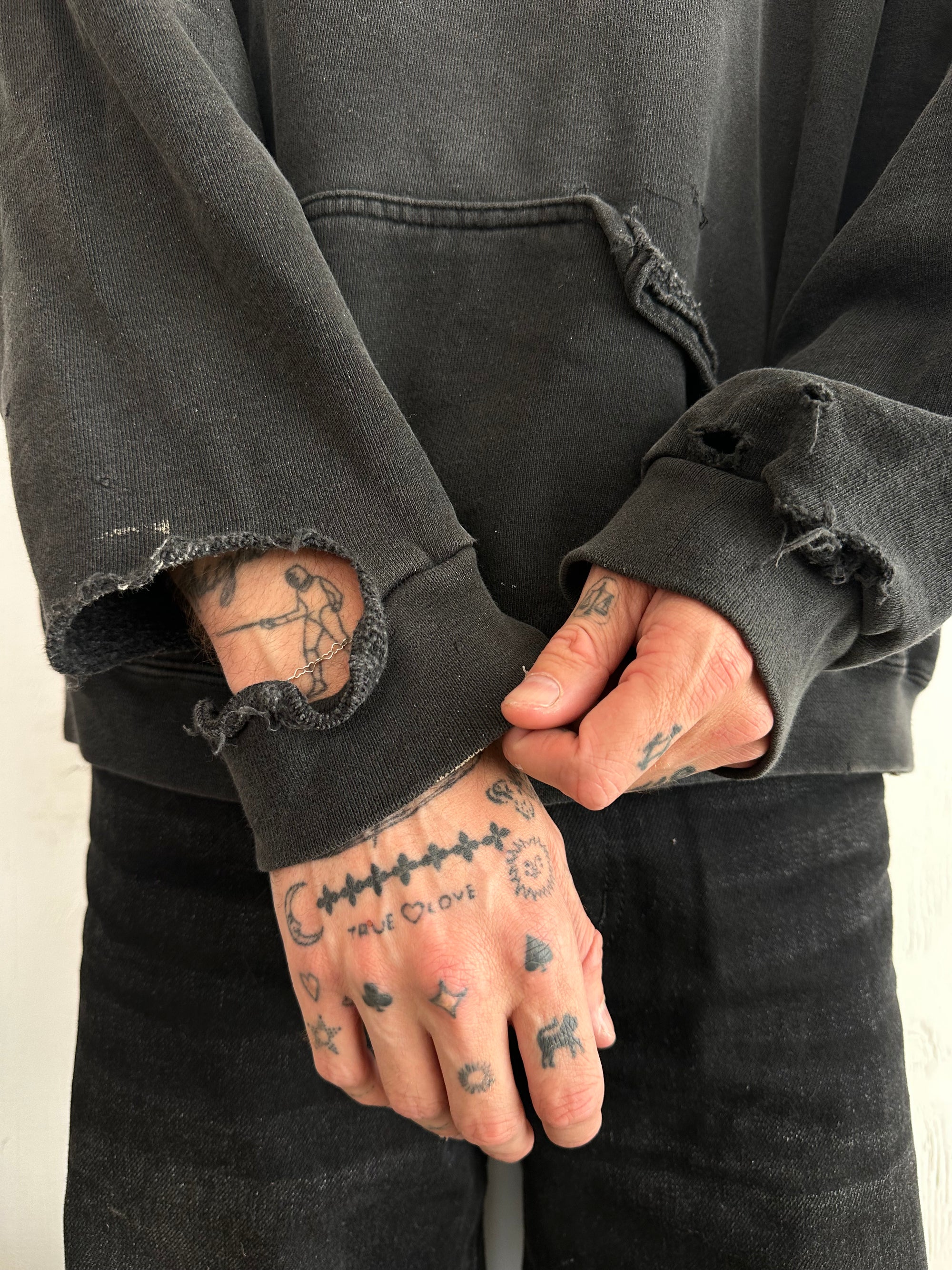 1990s Thrashed Tultex Black Hoodie W/ Pins