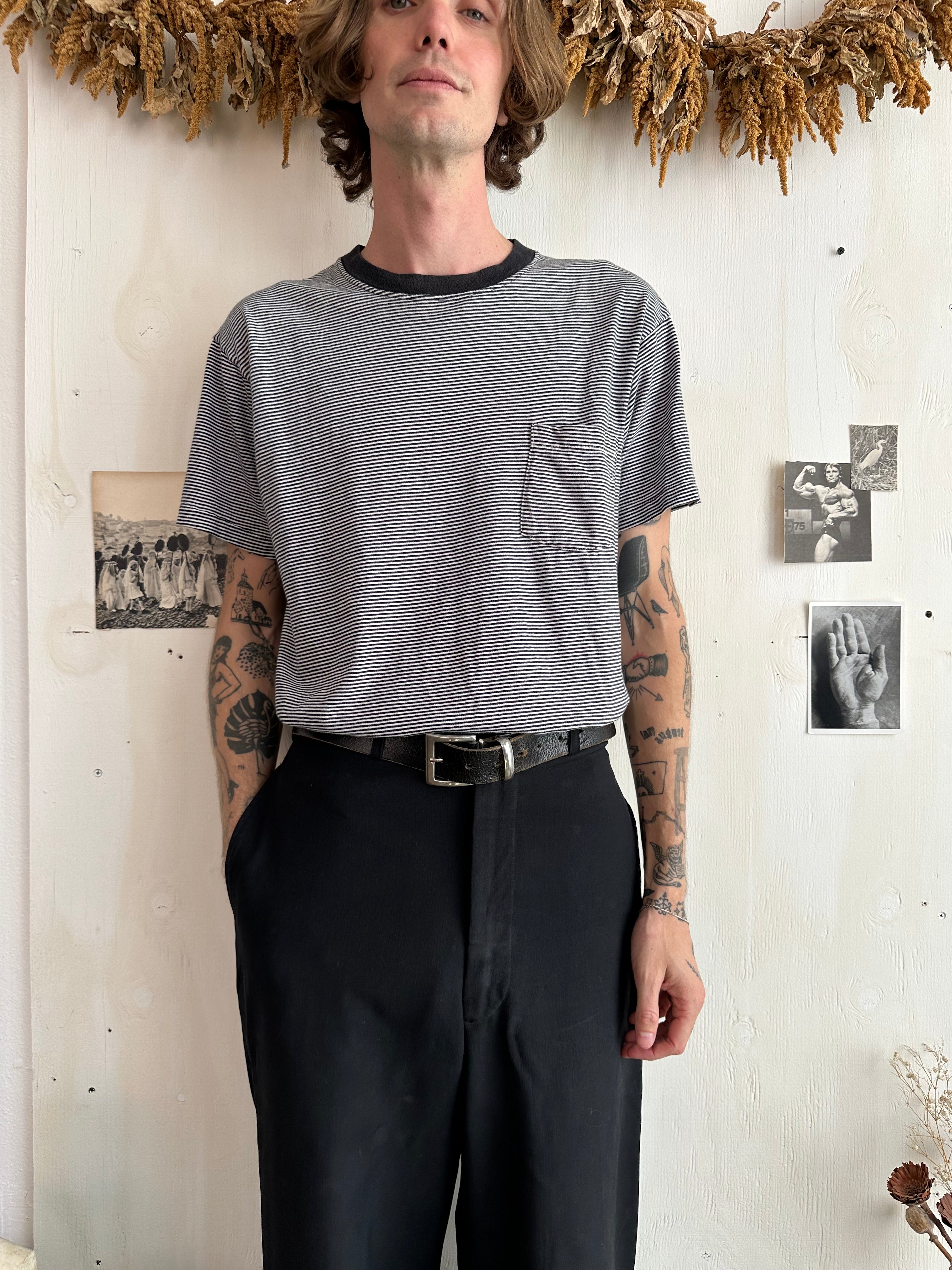 1990s Towncraft Black And White Striped Pocket Tee (L)