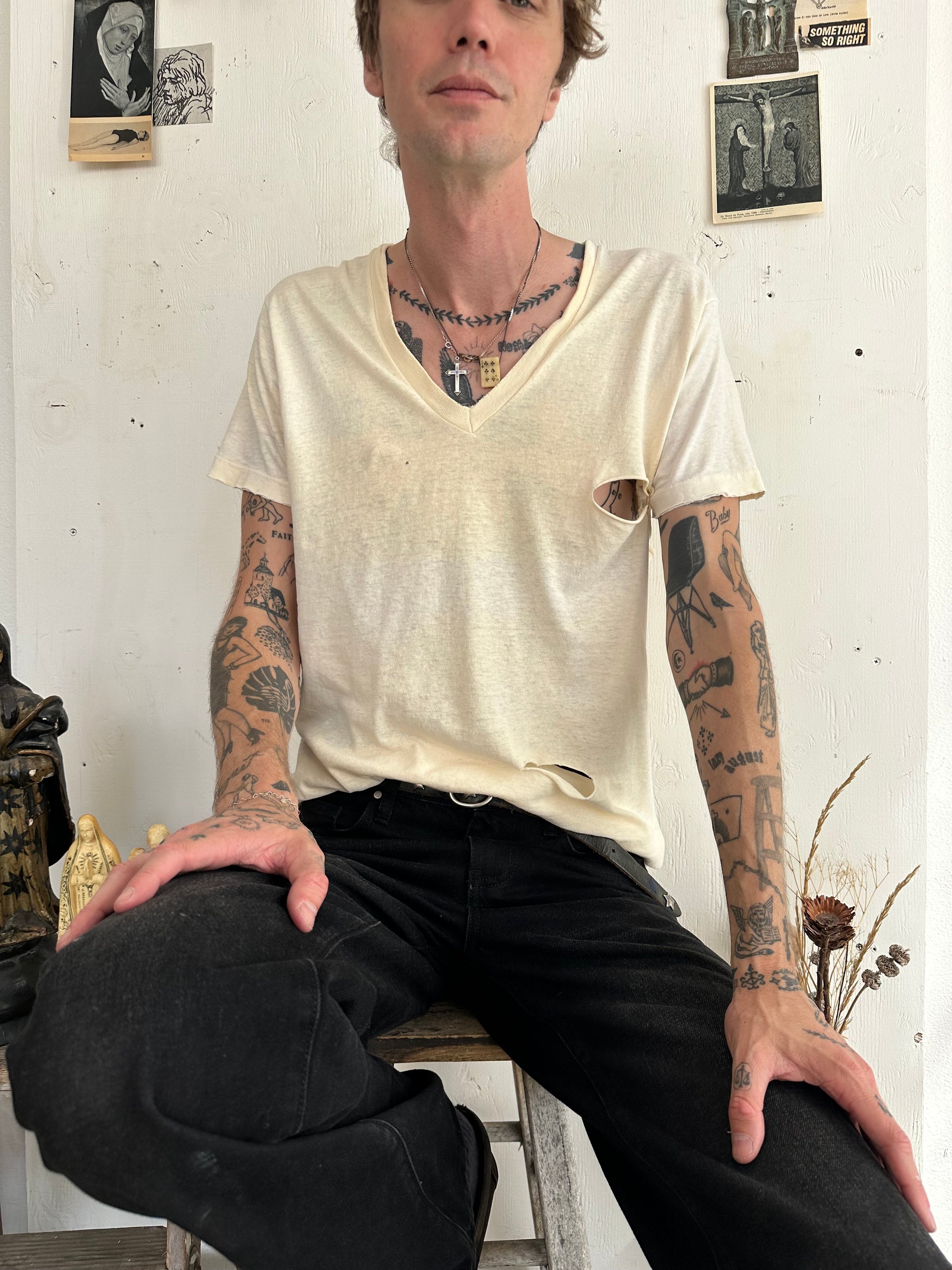 1980s Thrashed All Cotton V-Neck