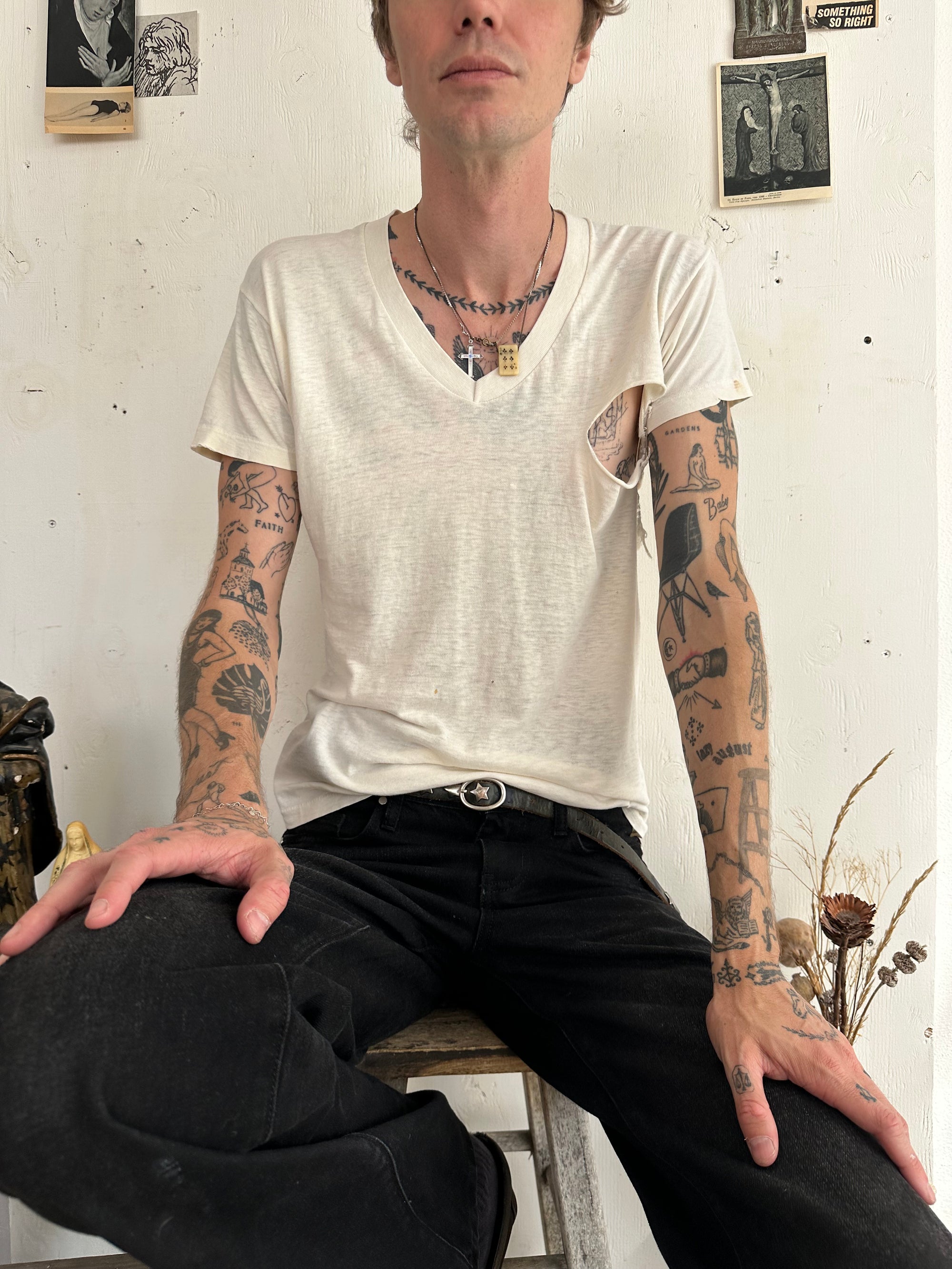 1970s Thrashed Paper Thin White V-Neck