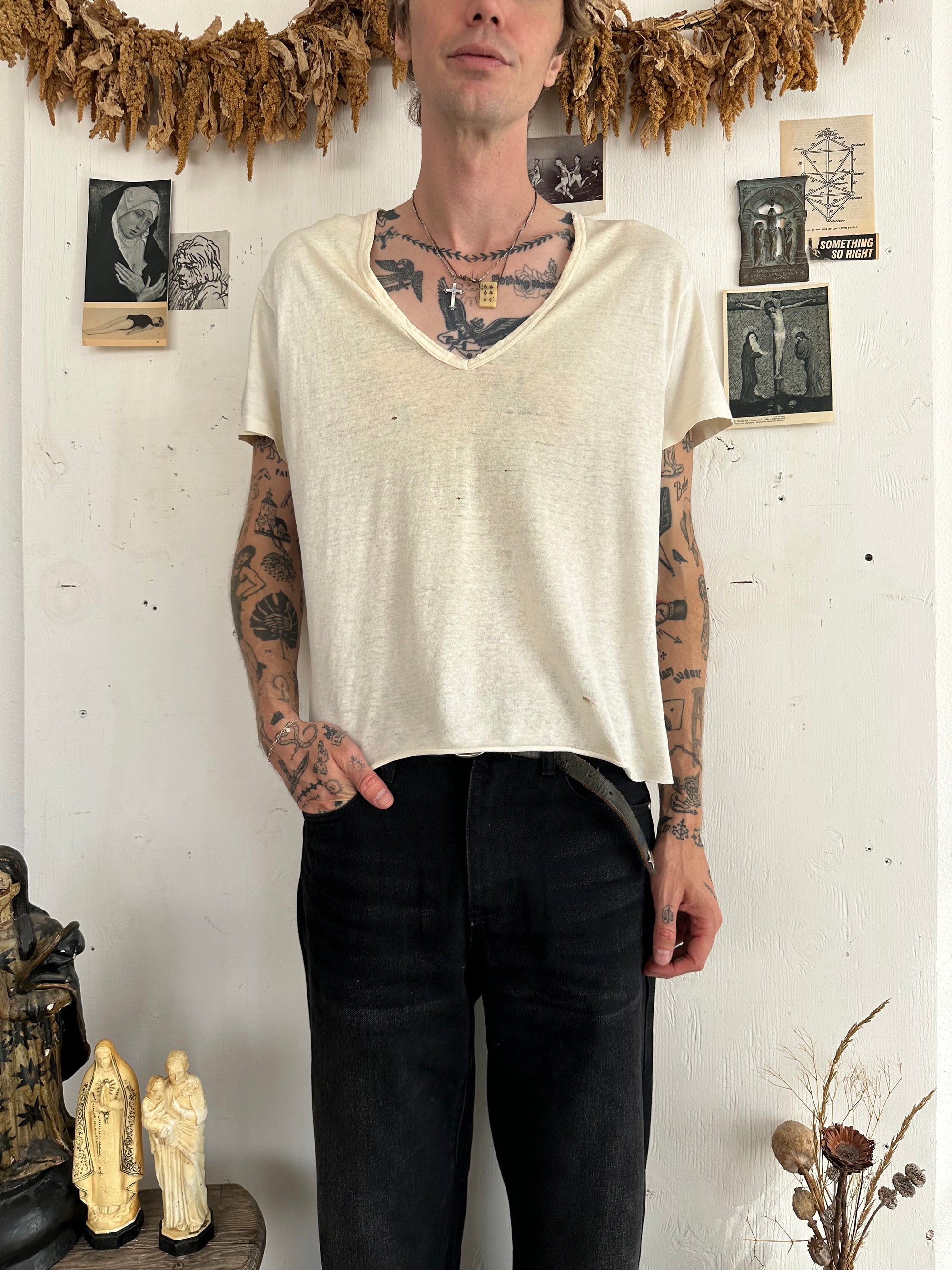1970s Well Worn White V-Neck