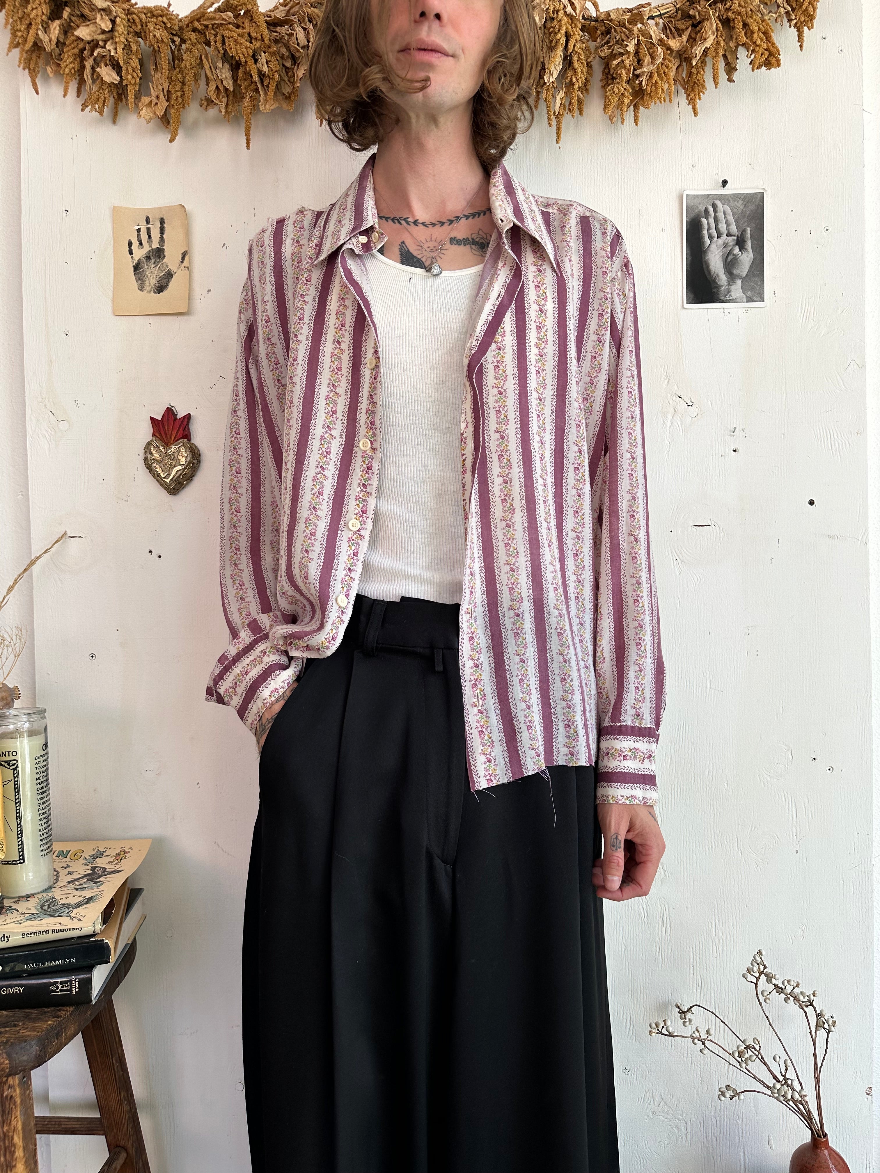 1970s Well Worn Floral Striped Shirt (Super Boxy M)