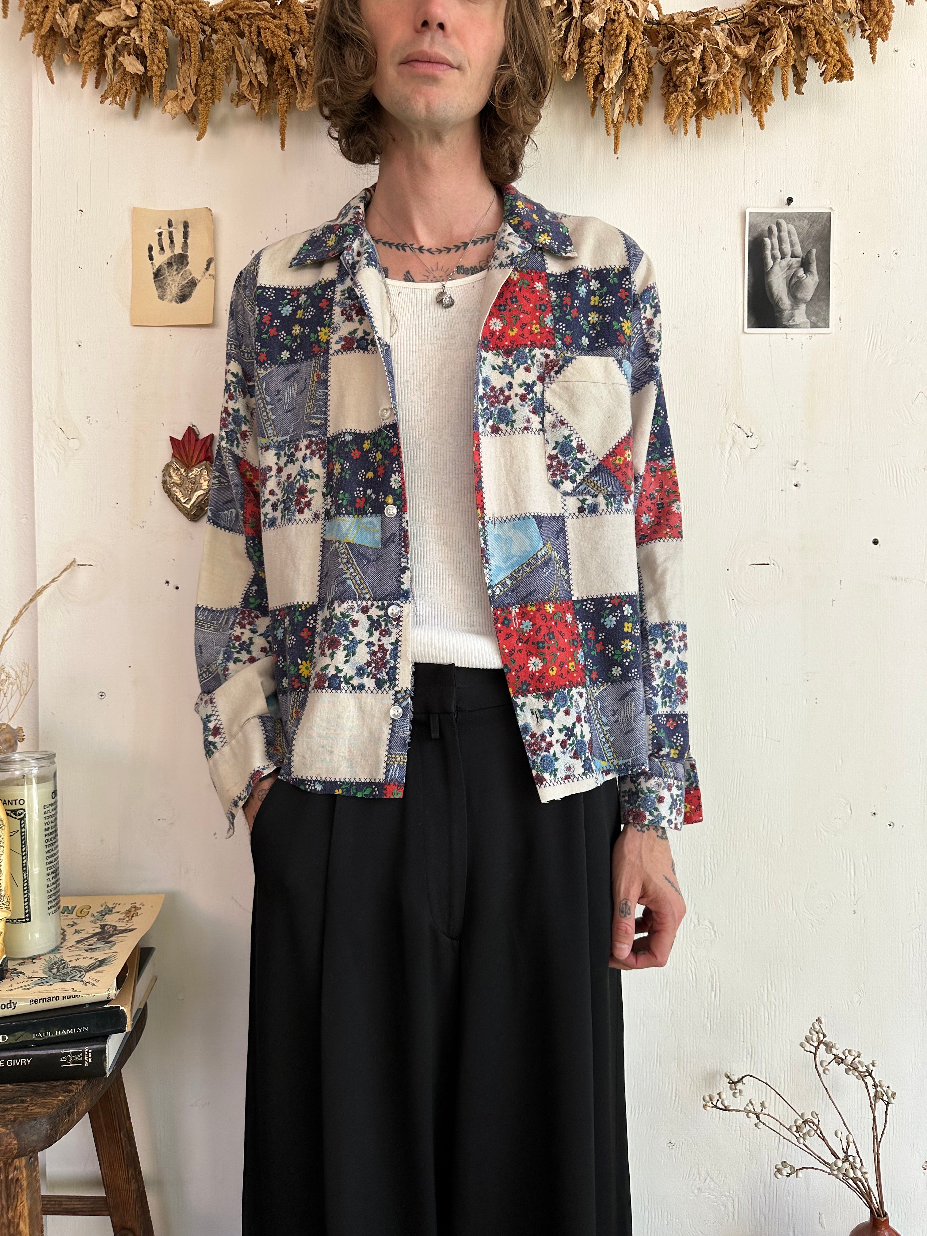 1970s Patchwork Printed Collared Shirt (Boxy M)