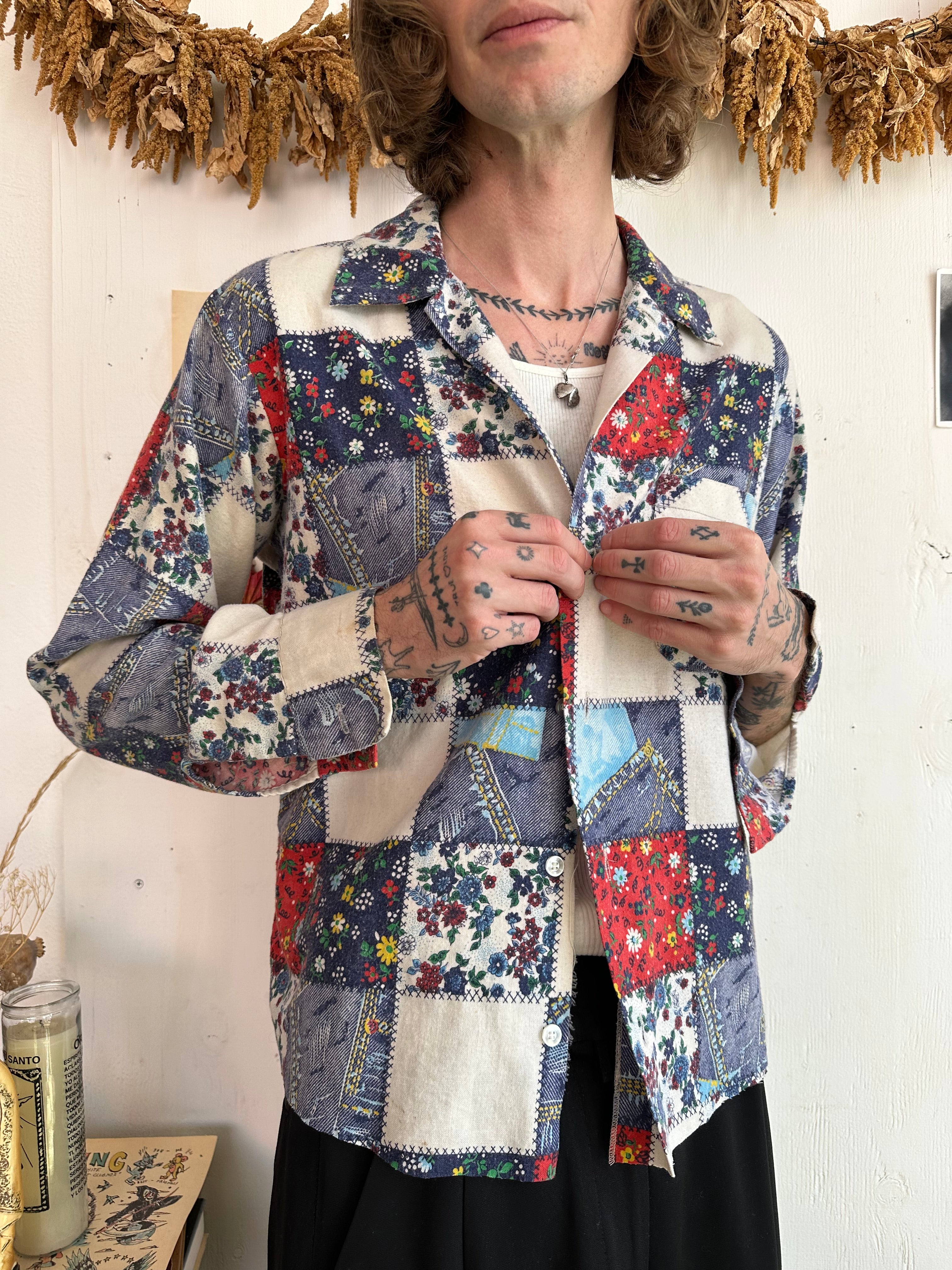 1970s Patchwork Printed Collared Shirt (Boxy M)