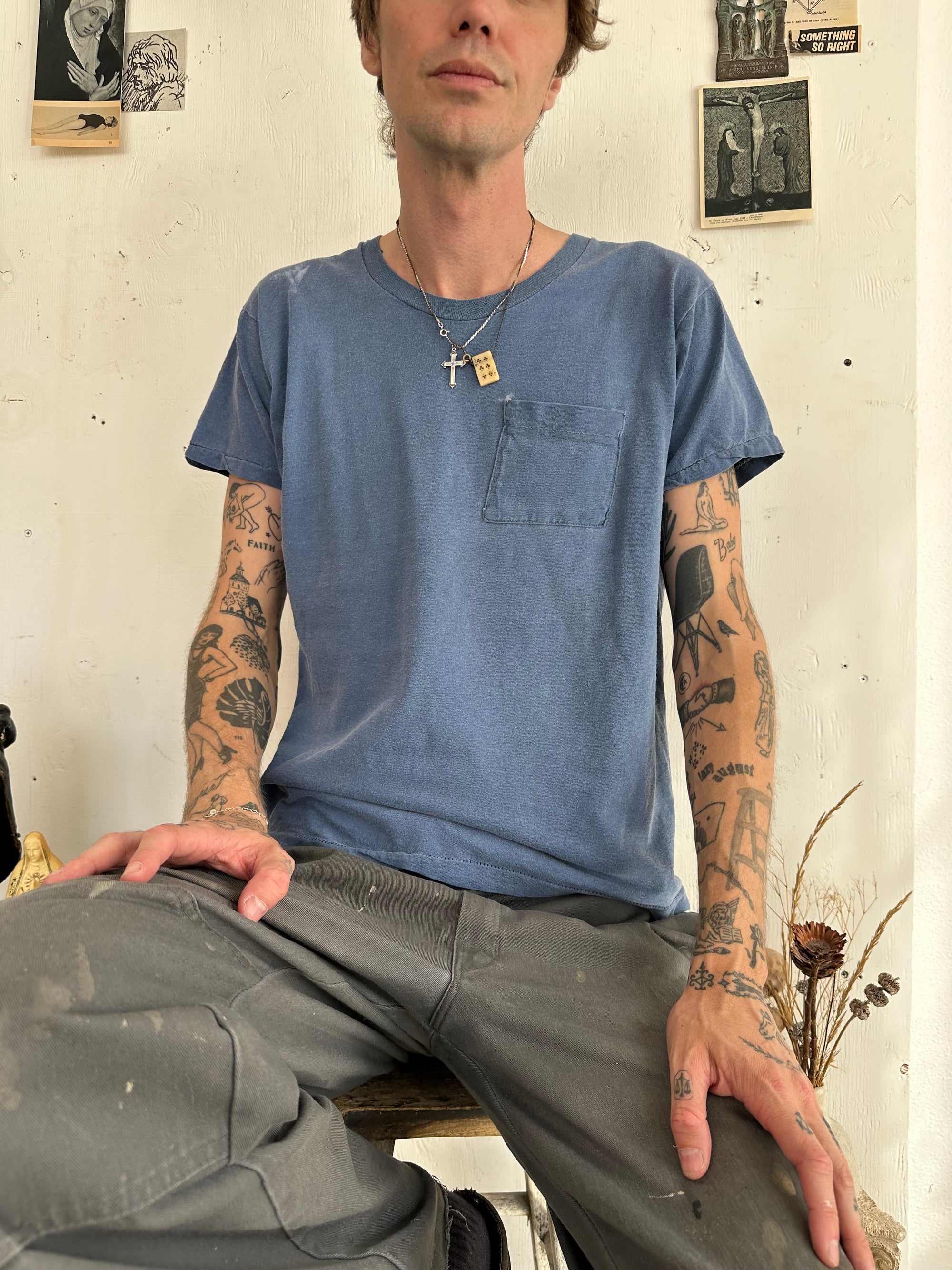 1970s Sunfaded All-Cotton Blue Pocket Tee