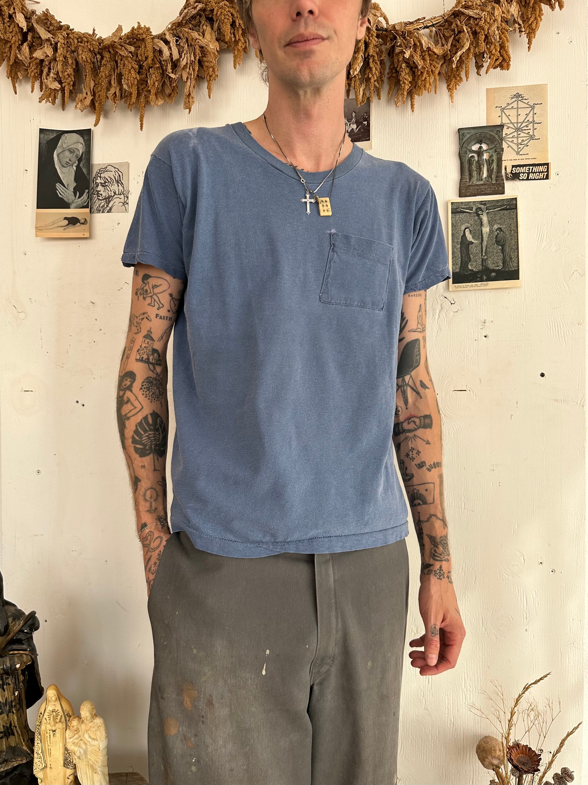 1970s Sunfaded All-Cotton Blue Pocket Tee