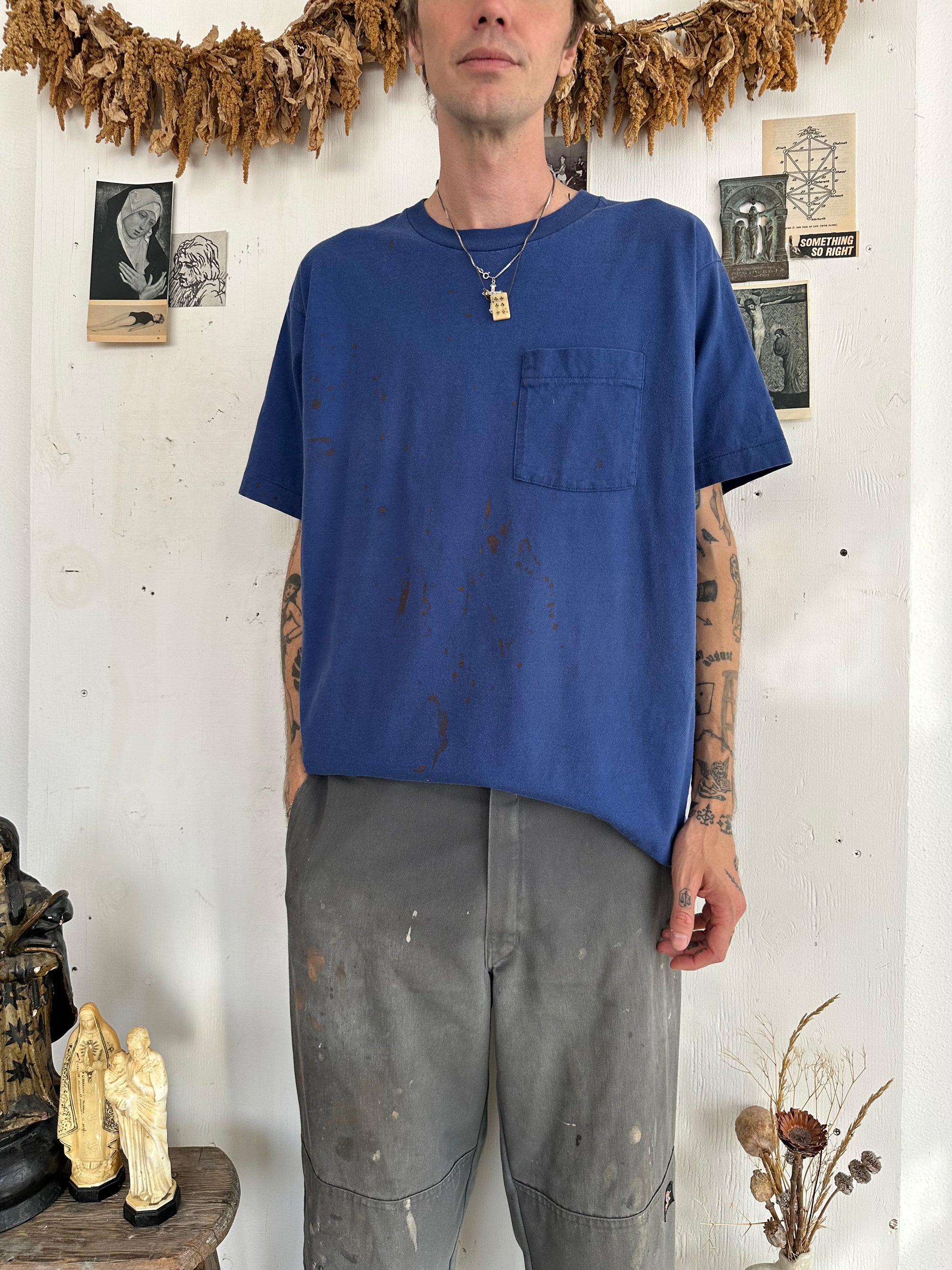 1990s Paint Stained Blue Pocket Tee