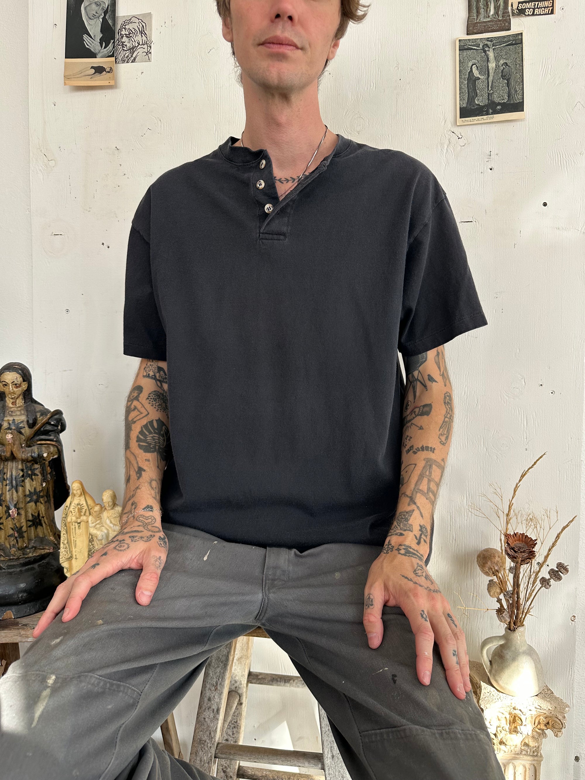 1990s Short Sleeve Black Henley