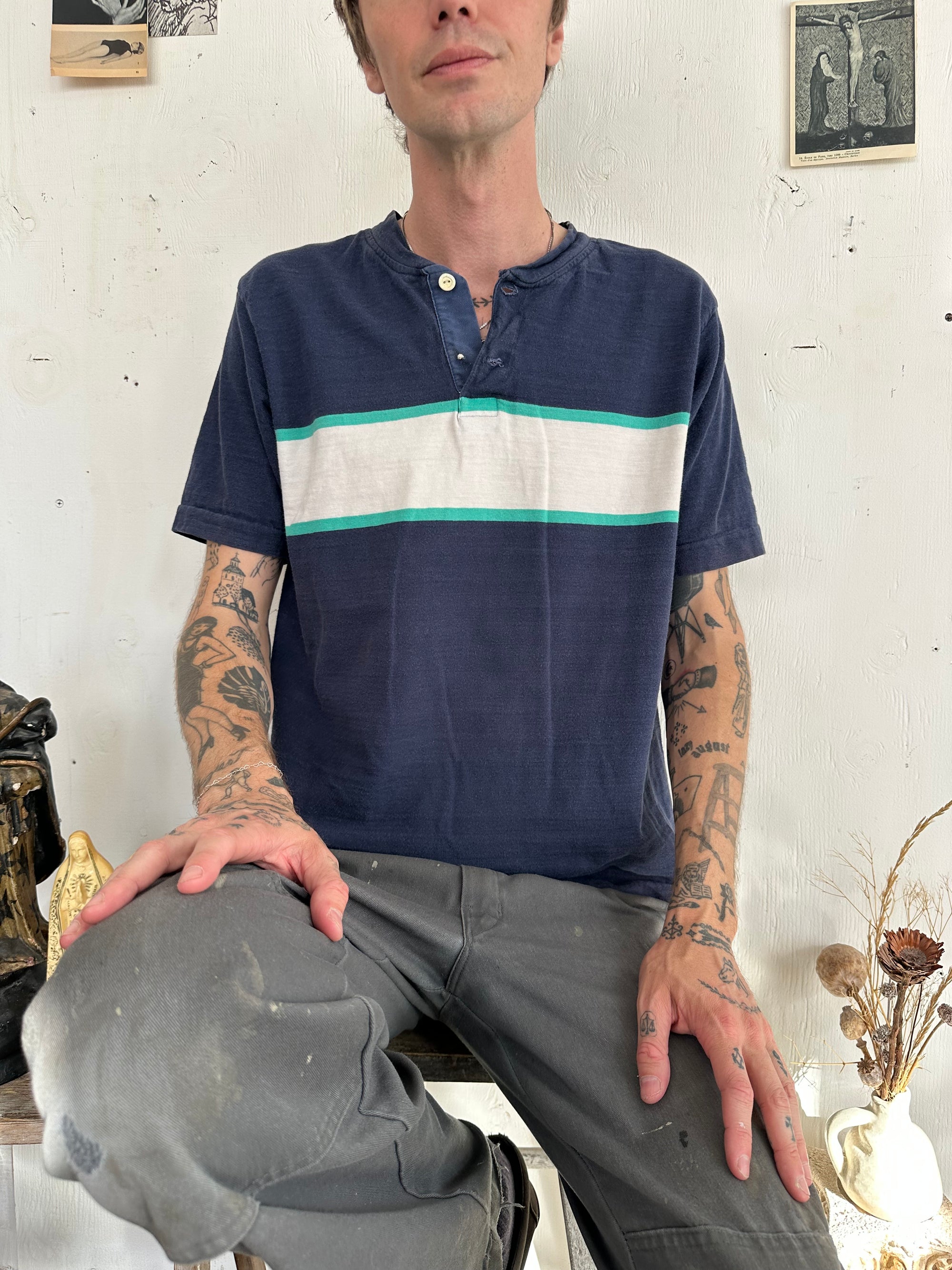 1970s 100% Cotton Striped Henley